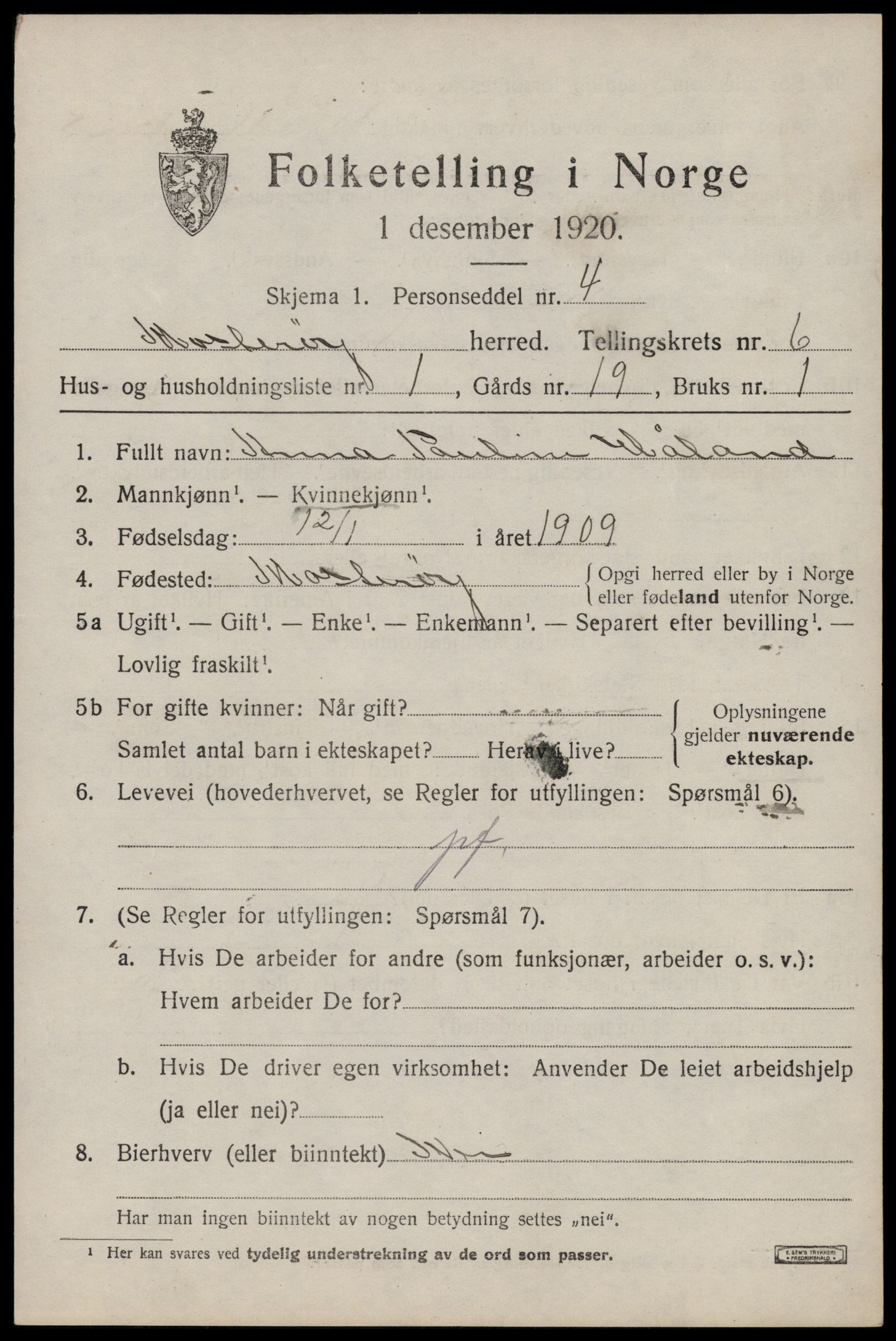 SAST, 1920 census for Mosterøy, 1920, p. 2698