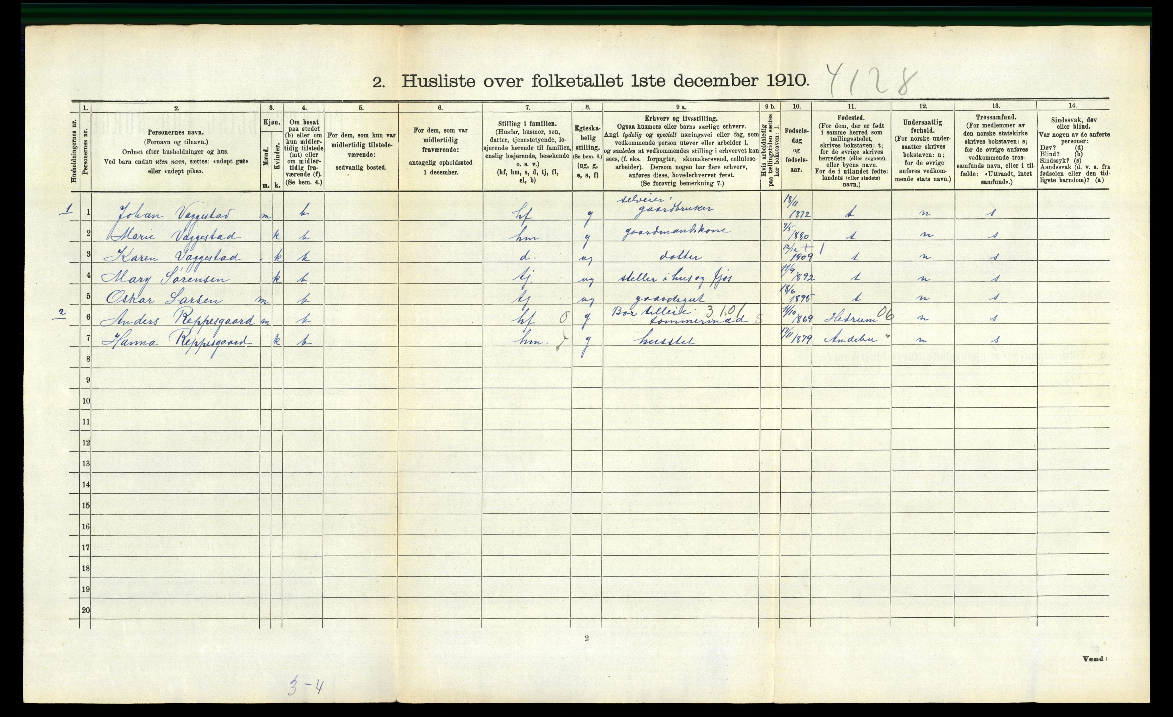 RA, 1910 census for Sandeherred, 1910, p. 806