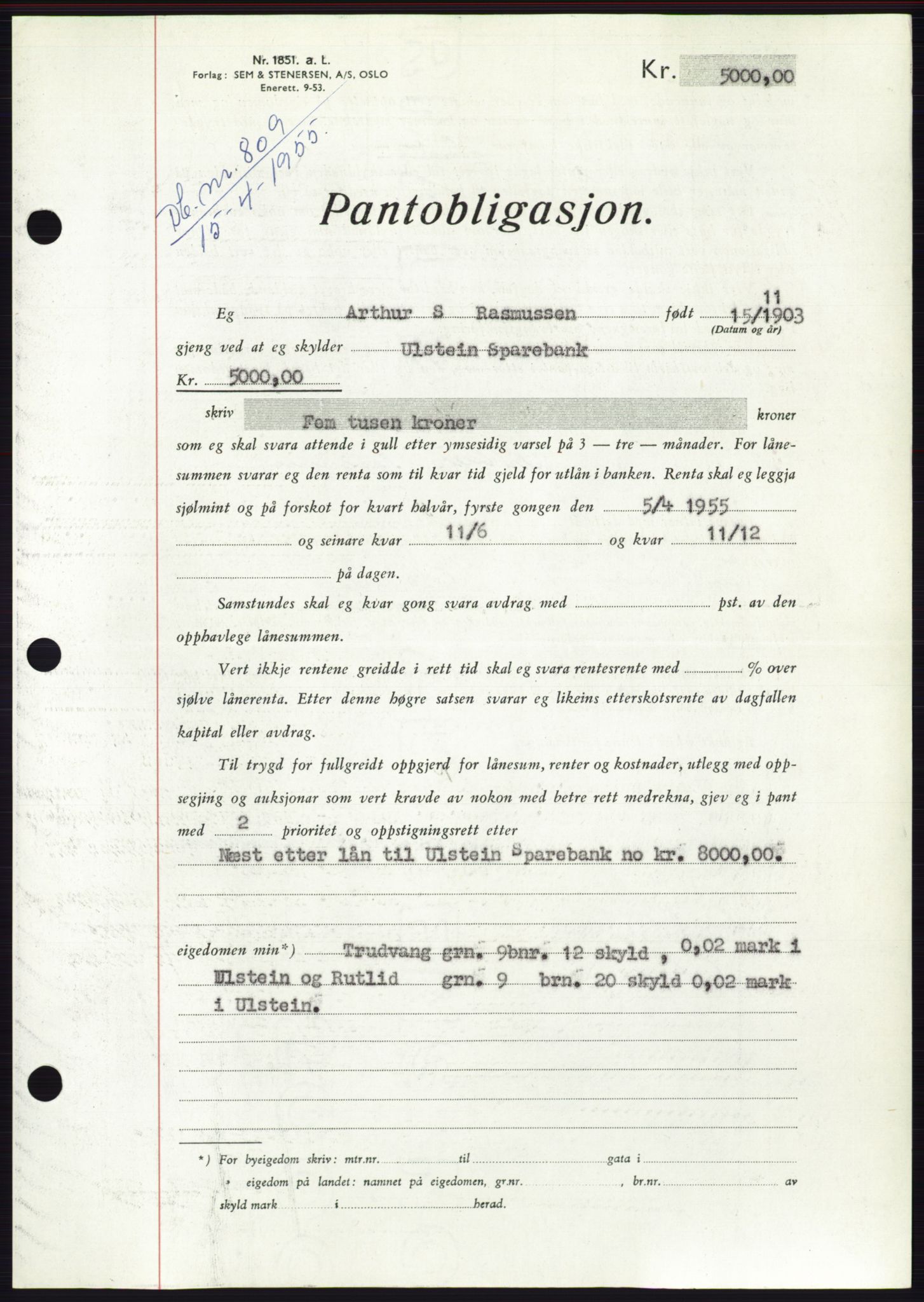 Søre Sunnmøre sorenskriveri, AV/SAT-A-4122/1/2/2C/L0126: Mortgage book no. 14B, 1954-1955, Diary no: : 809/1955