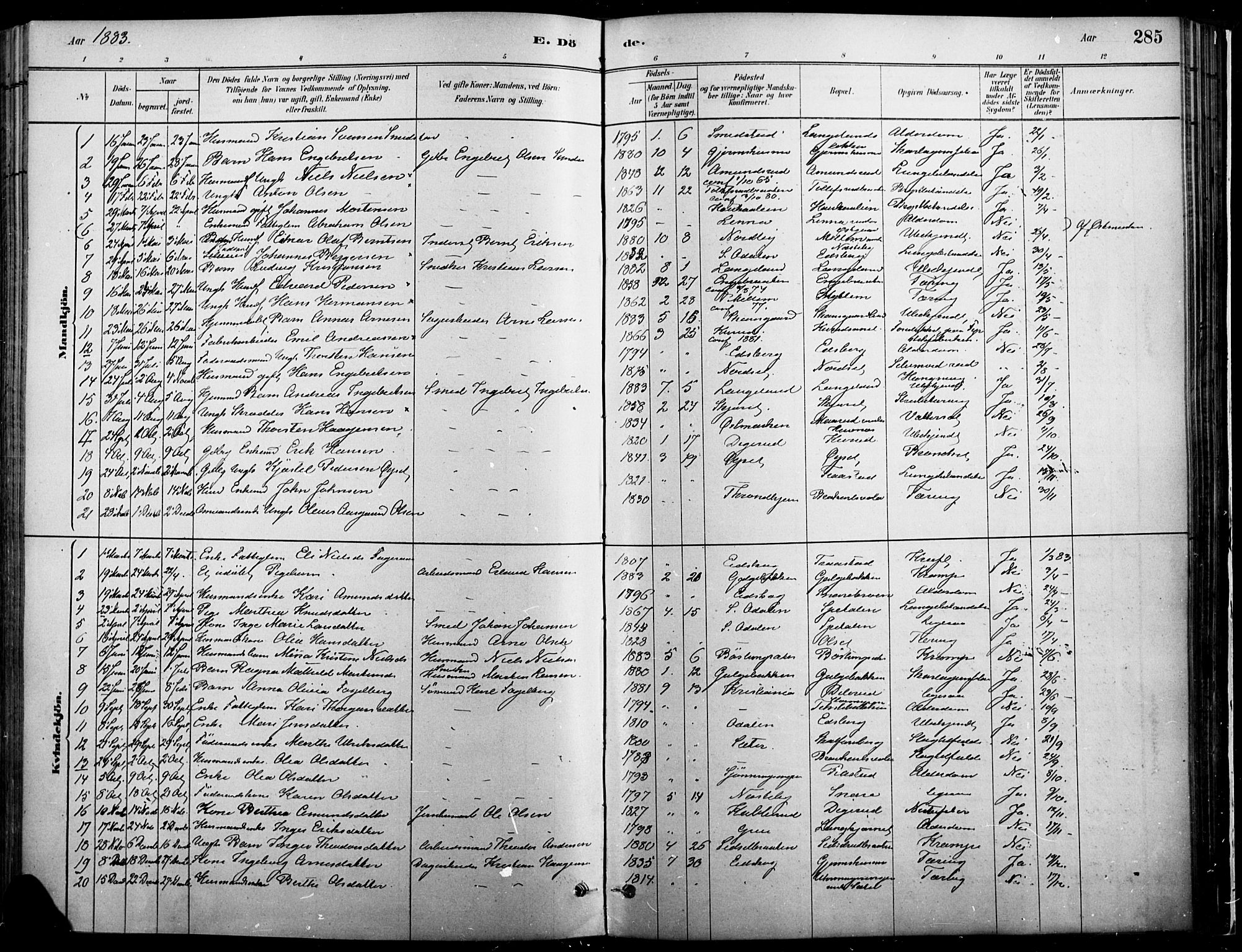 Vinger prestekontor, SAH/PREST-024/H/Ha/Haa/L0014: Parish register (official) no. 14, 1881-1900, p. 285