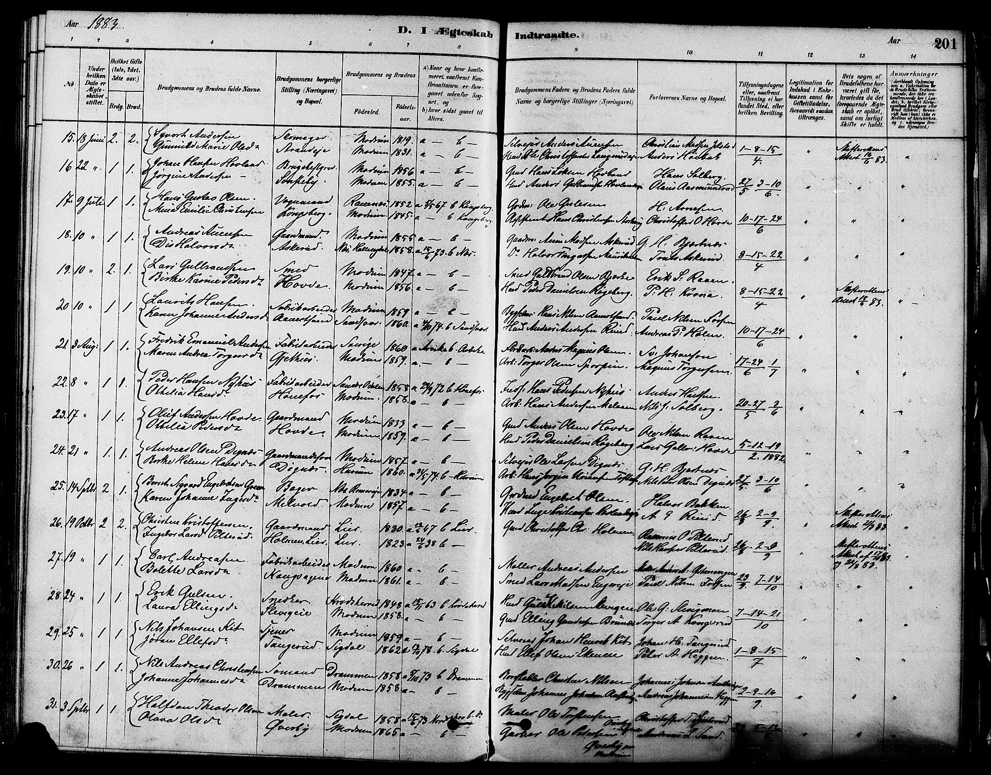 Modum kirkebøker, AV/SAKO-A-234/F/Fa/L0011: Parish register (official) no. 11, 1877-1889, p. 201