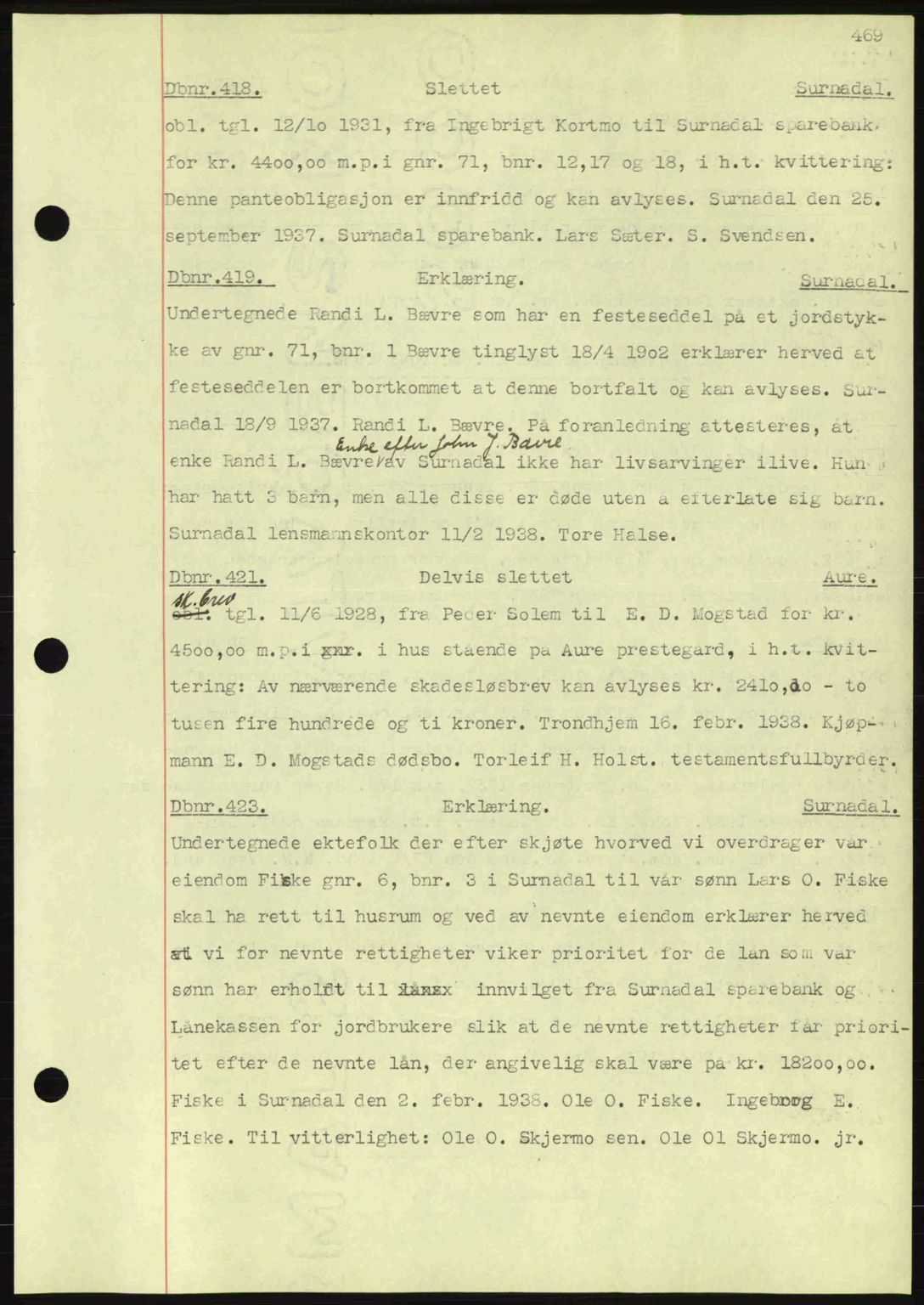 Nordmøre sorenskriveri, AV/SAT-A-4132/1/2/2Ca: Mortgage book no. C80, 1936-1939, Diary no: : 418/1938