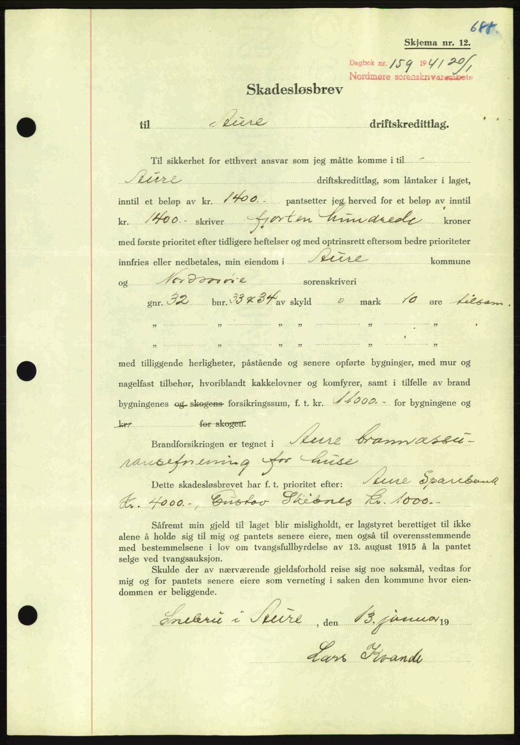 Nordmøre sorenskriveri, AV/SAT-A-4132/1/2/2Ca: Mortgage book no. B87, 1940-1941, Diary no: : 159/1941