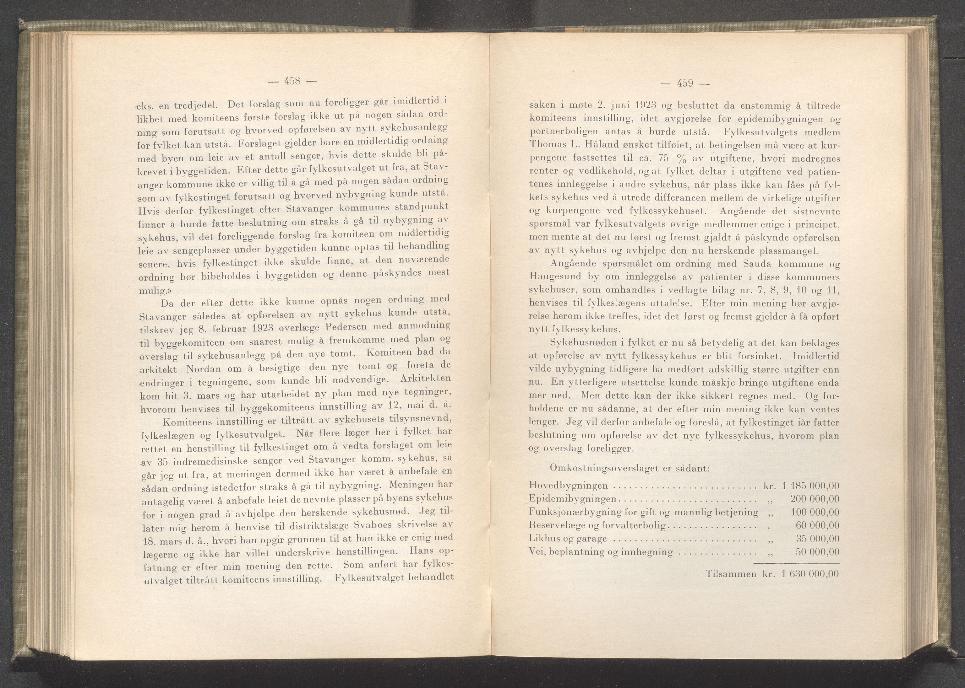 Rogaland fylkeskommune - Fylkesrådmannen , IKAR/A-900/A/Aa/Aaa/L0042: Møtebok , 1923, p. 458-459