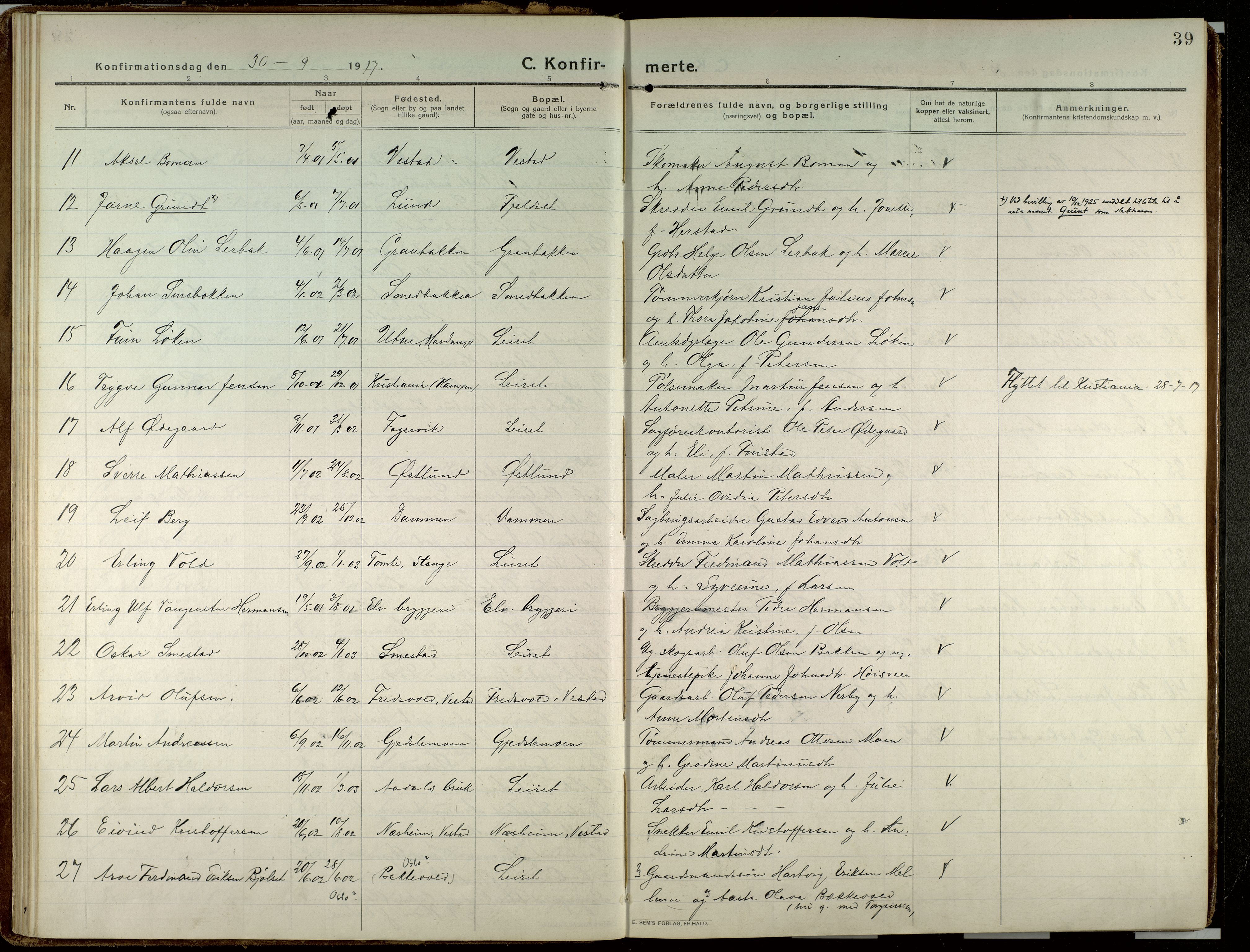Elverum prestekontor, SAH/PREST-044/H/Ha/Haa/L0023: Parish register (official) no. 23, 1914-1929, p. 39