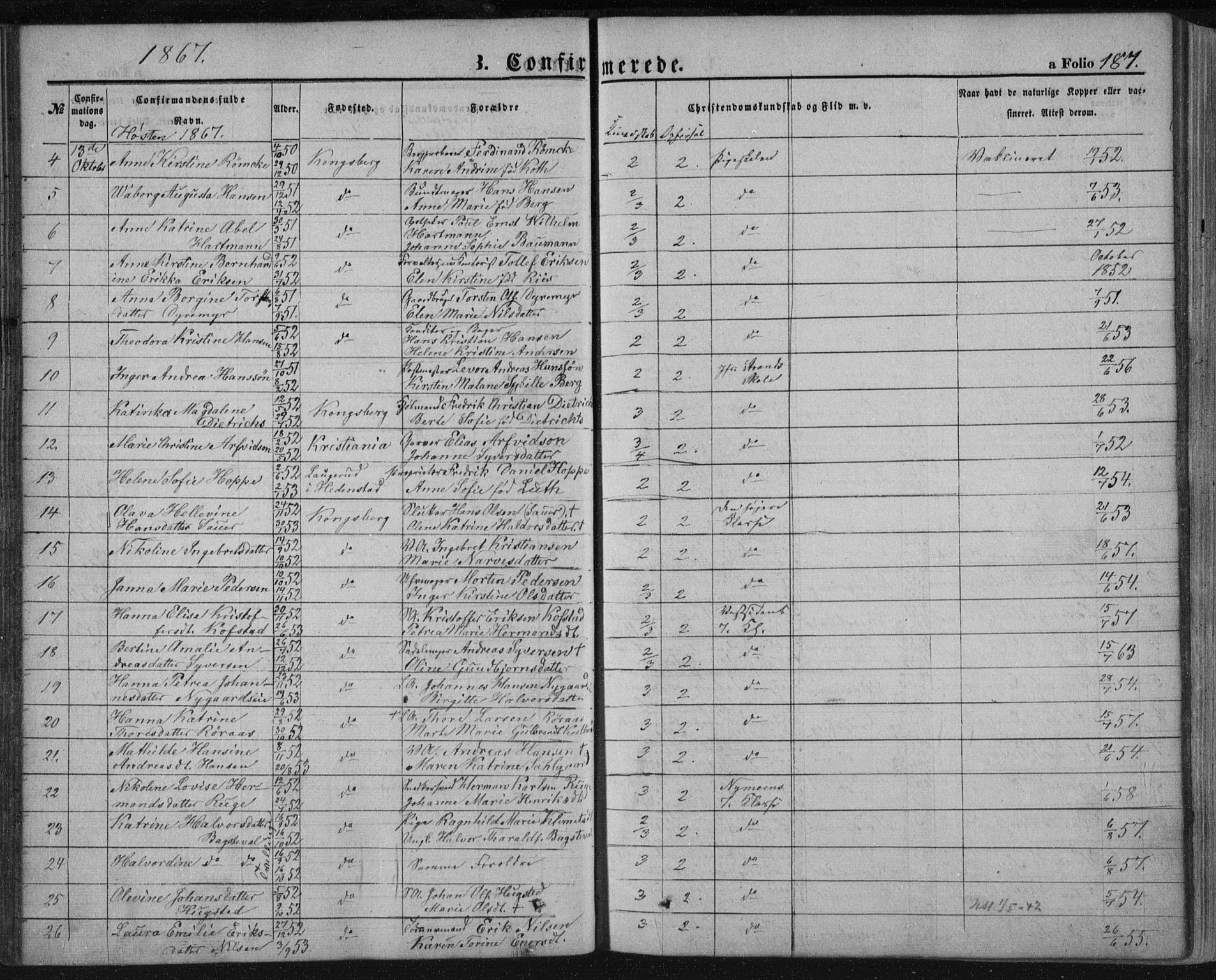 Kongsberg kirkebøker, SAKO/A-22/F/Fa/L0010: Parish register (official) no. I 10, 1859-1875, p. 187