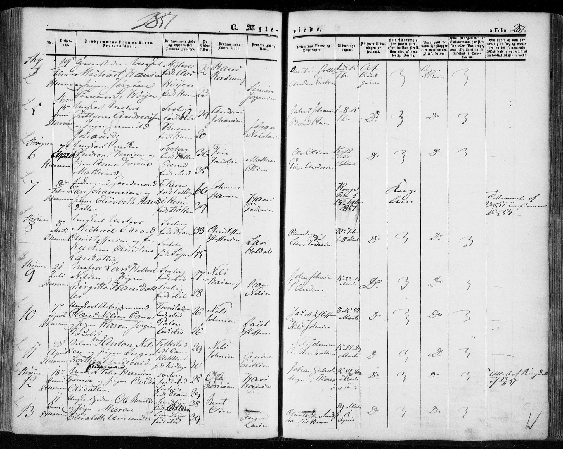 Hurum kirkebøker, AV/SAKO-A-229/F/Fa/L0011: Parish register (official) no. 11, 1847-1860, p. 287
