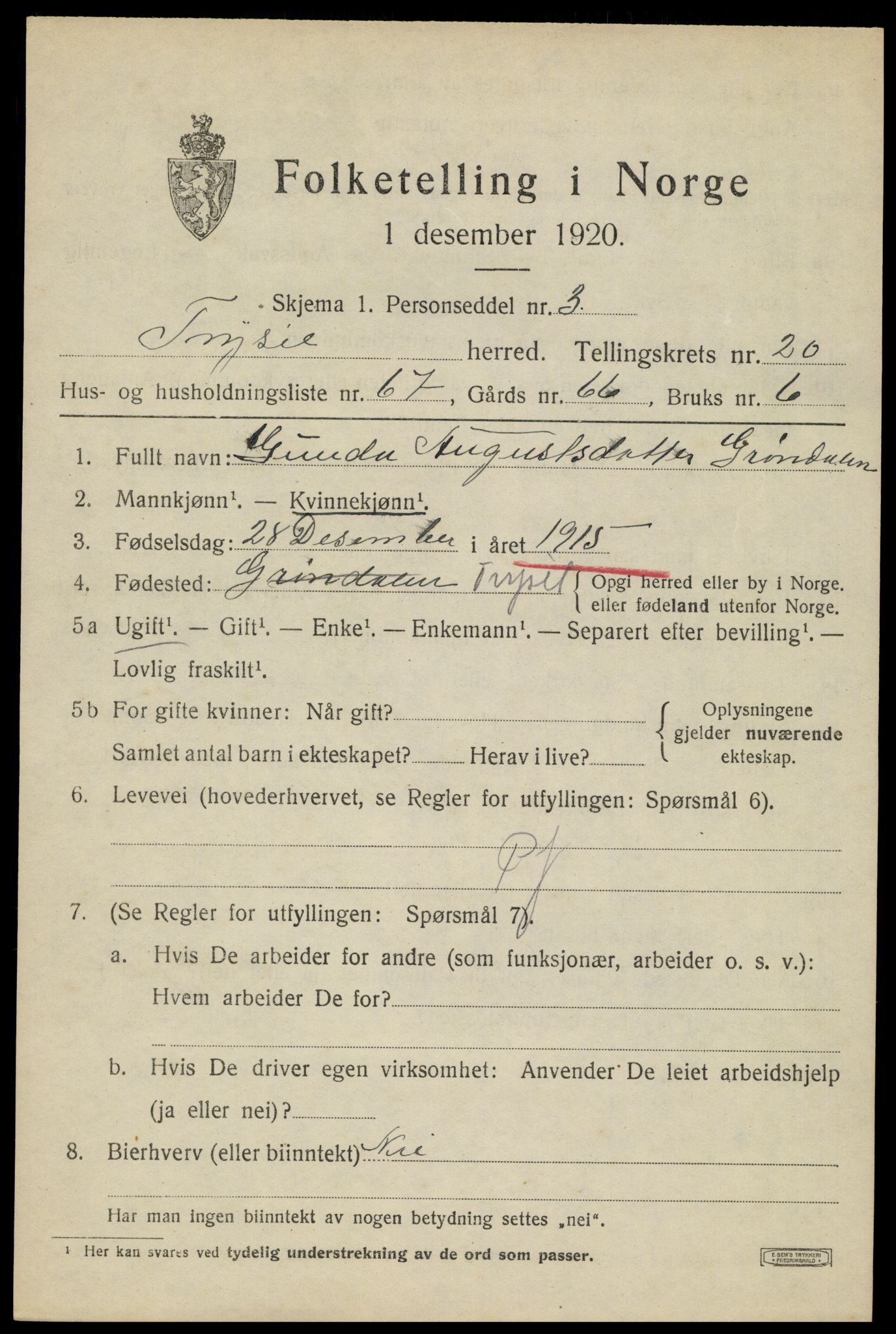 SAH, 1920 census for Trysil, 1920, p. 13767