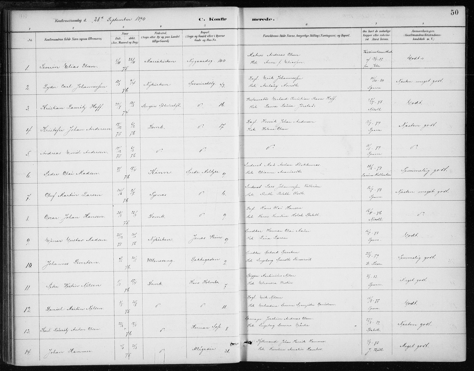 Johanneskirken sokneprestembete, AV/SAB-A-76001/H/Haa/L0008: Parish register (official) no. C 1, 1885-1907, p. 50