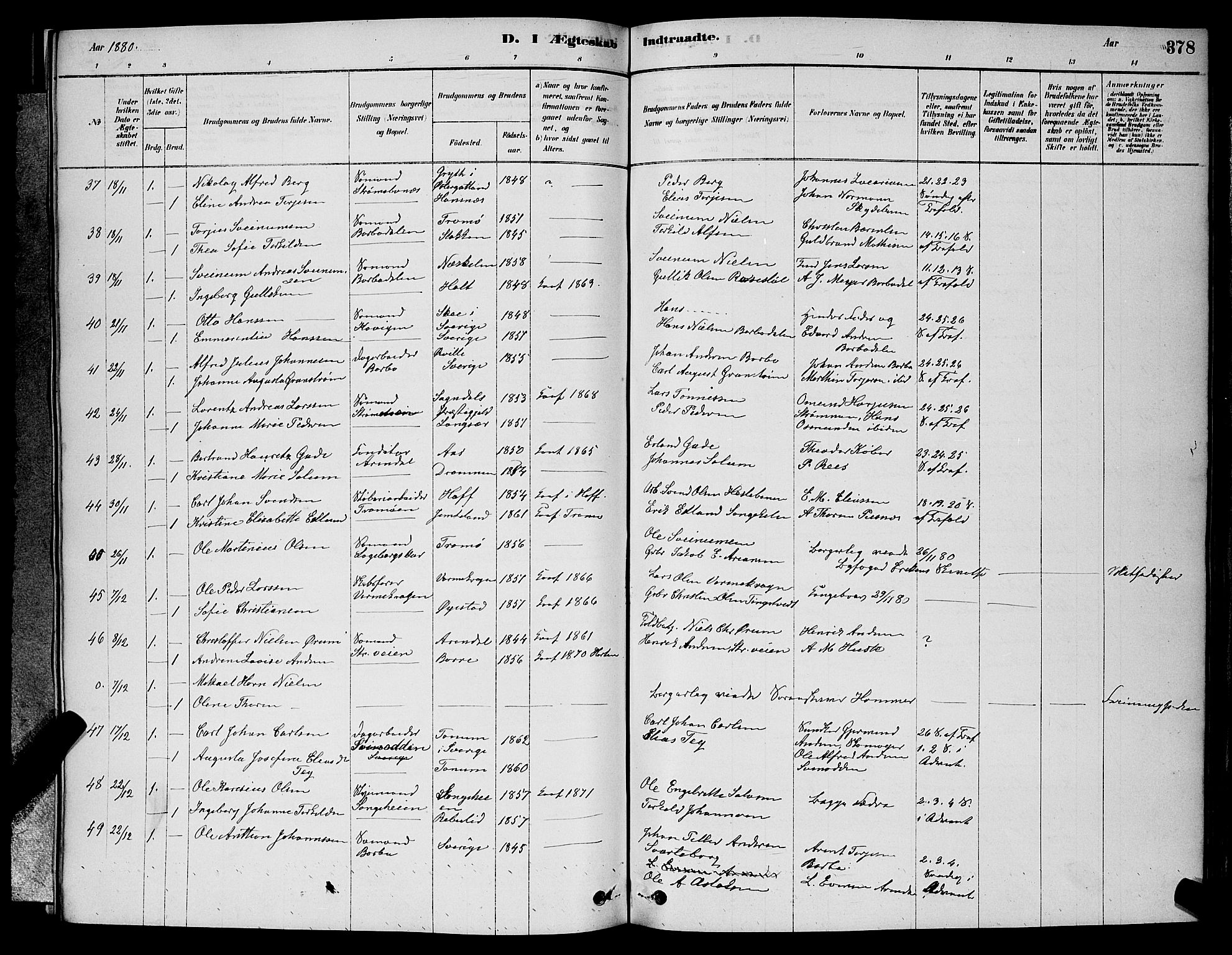 Barbu sokneprestkontor, AV/SAK-1111-0003/F/Fb/L0001: Parish register (copy) no. B 1, 1878-1890, p. 378