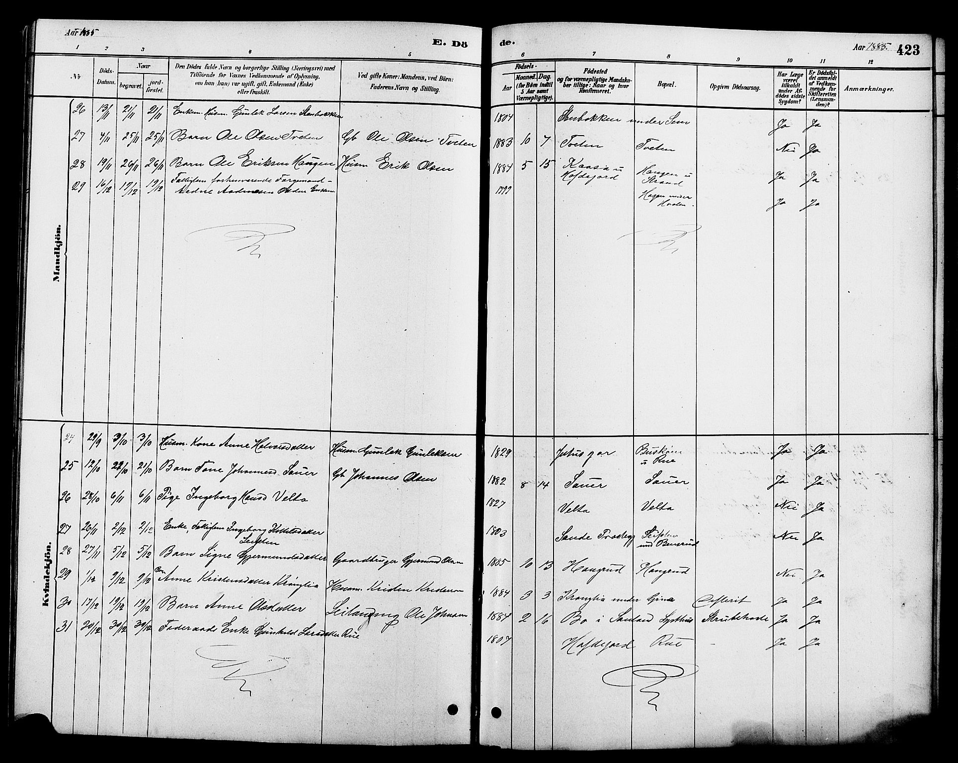 Heddal kirkebøker, SAKO/A-268/G/Ga/L0002: Parish register (copy) no. I 2, 1879-1908, p. 423