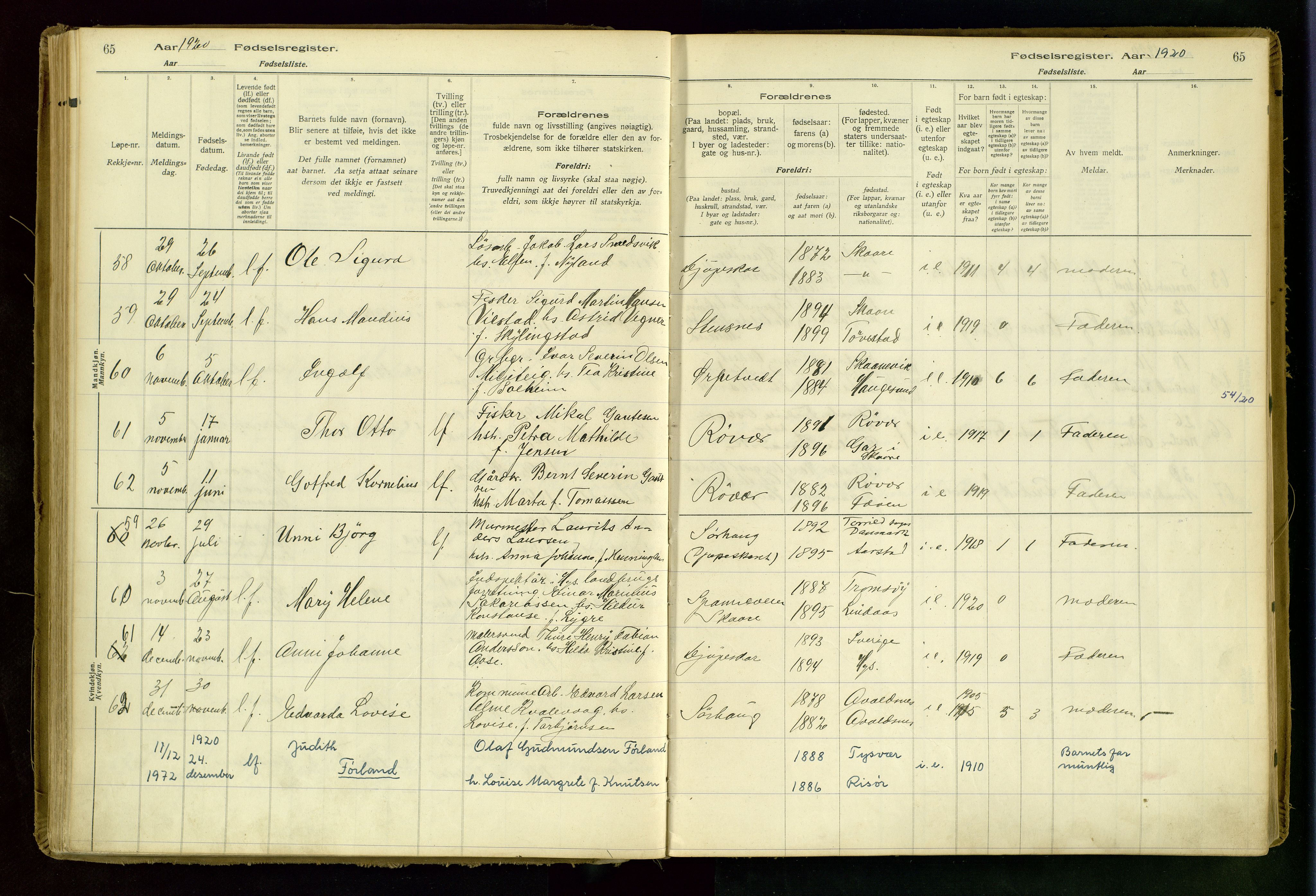 Haugesund sokneprestkontor, AV/SAST-A -101863/I/Id/L0001: Birth register no. 1, 1916-1935, p. 65