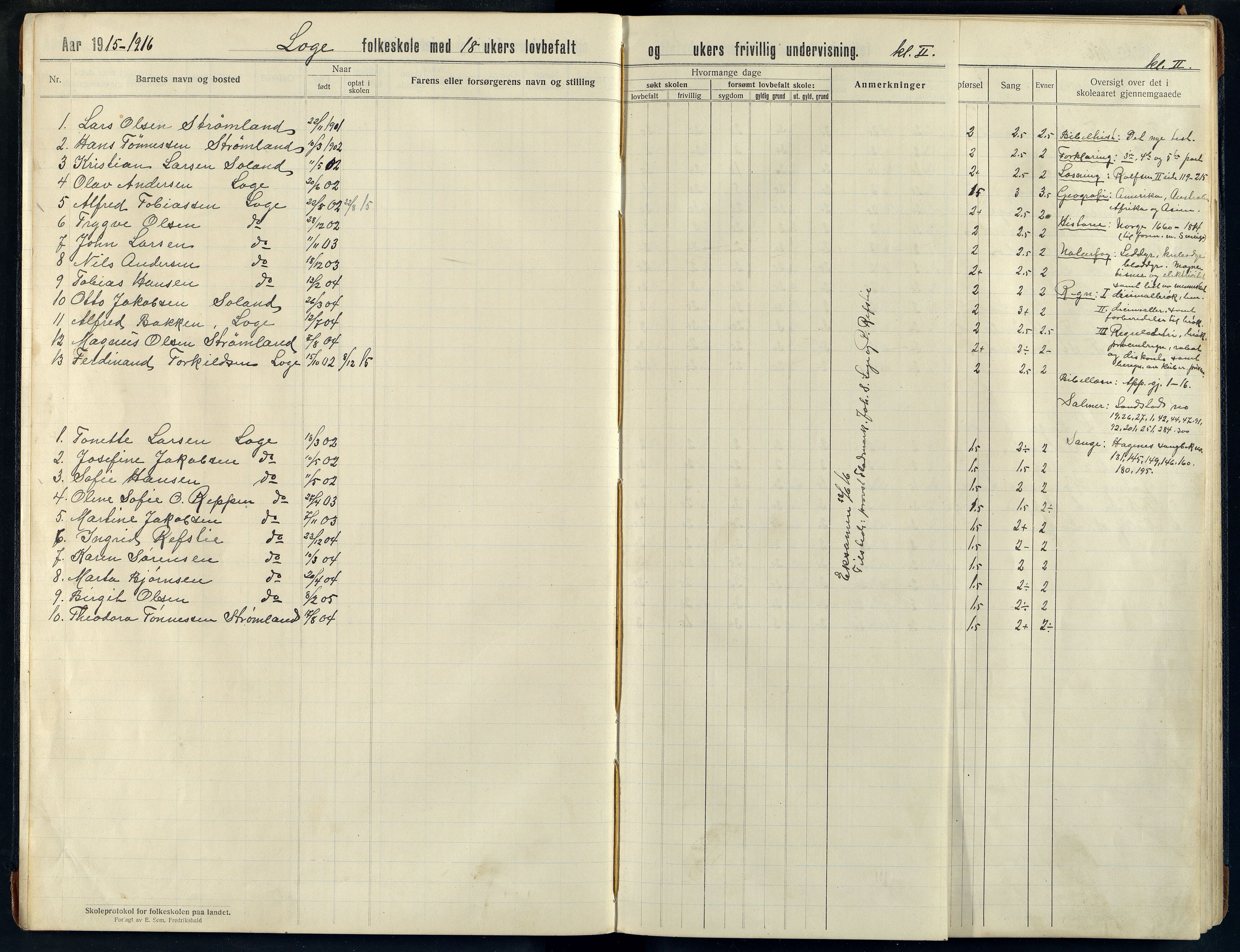 Nes kommune - Loga Skole, ARKSOR/1004NE552/H/L0002: Skoleprotokoll, 1915-1926