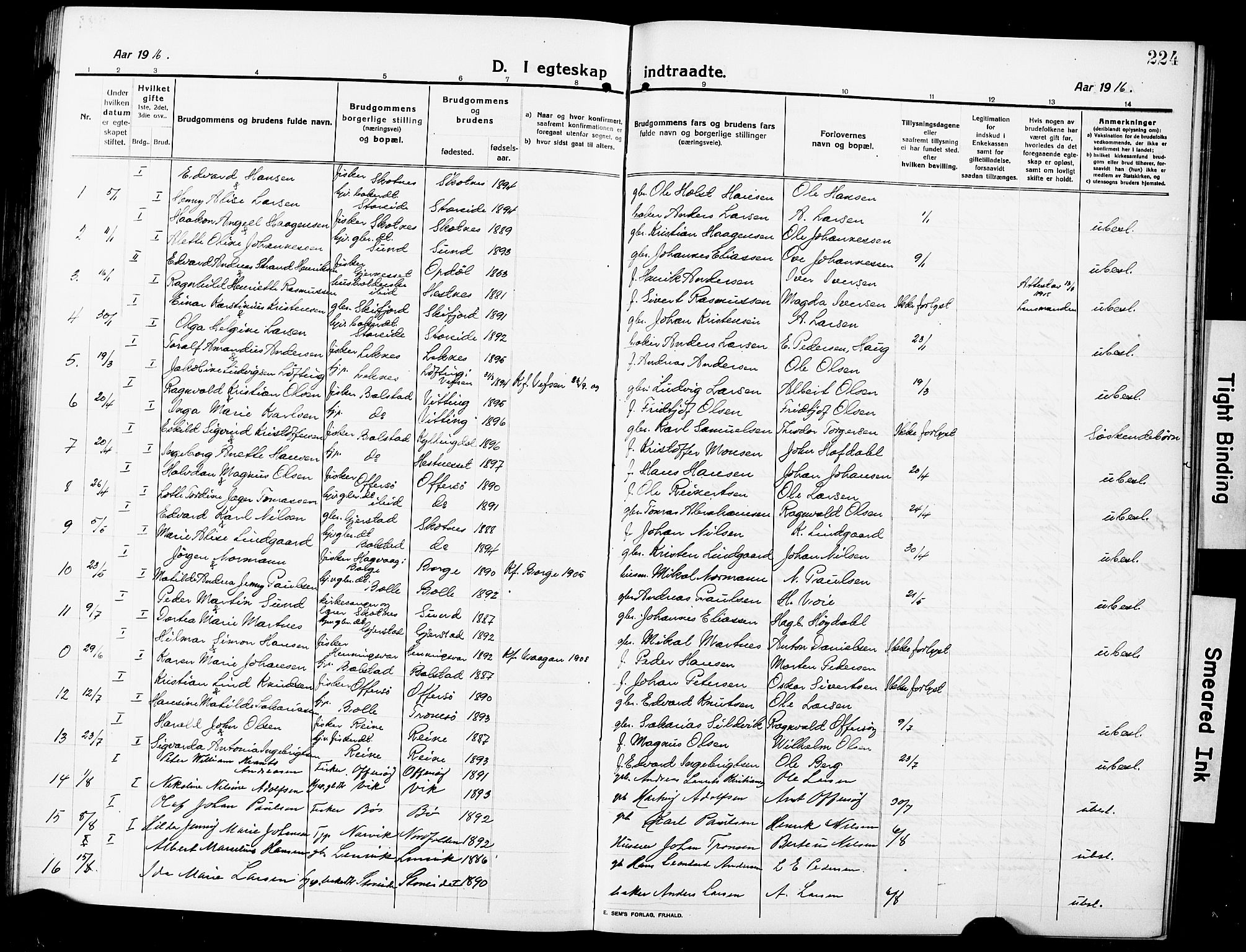Ministerialprotokoller, klokkerbøker og fødselsregistre - Nordland, AV/SAT-A-1459/881/L1169: Parish register (copy) no. 881C06, 1912-1930, p. 224