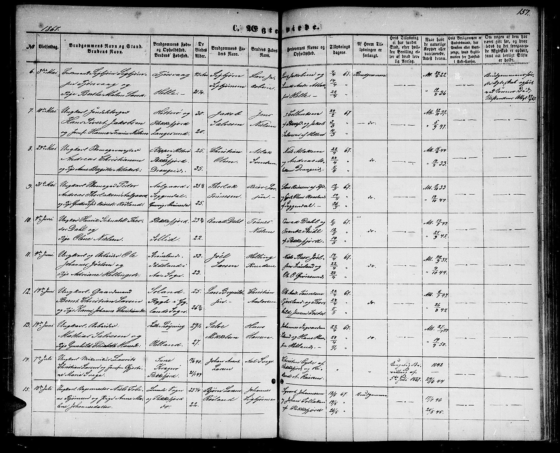 Flekkefjord sokneprestkontor, SAK/1111-0012/F/Fb/Fbc/L0006: Parish register (copy) no. B 6, 1866-1879, p. 157