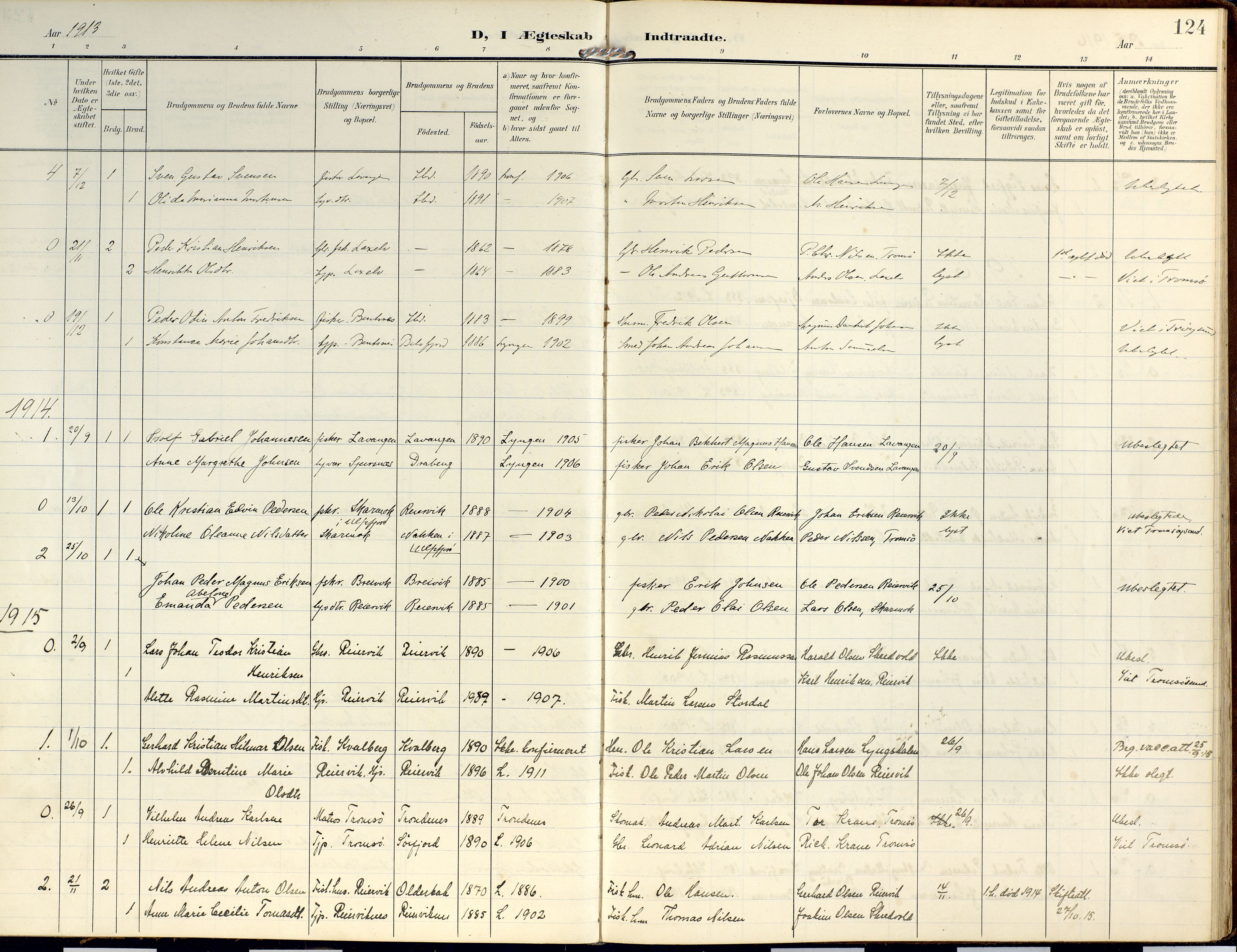 Lyngen sokneprestembete, SATØ/S-1289/H/He/Hea/L0014kirke: Parish register (official) no. 14, 1905-1920, p. 124