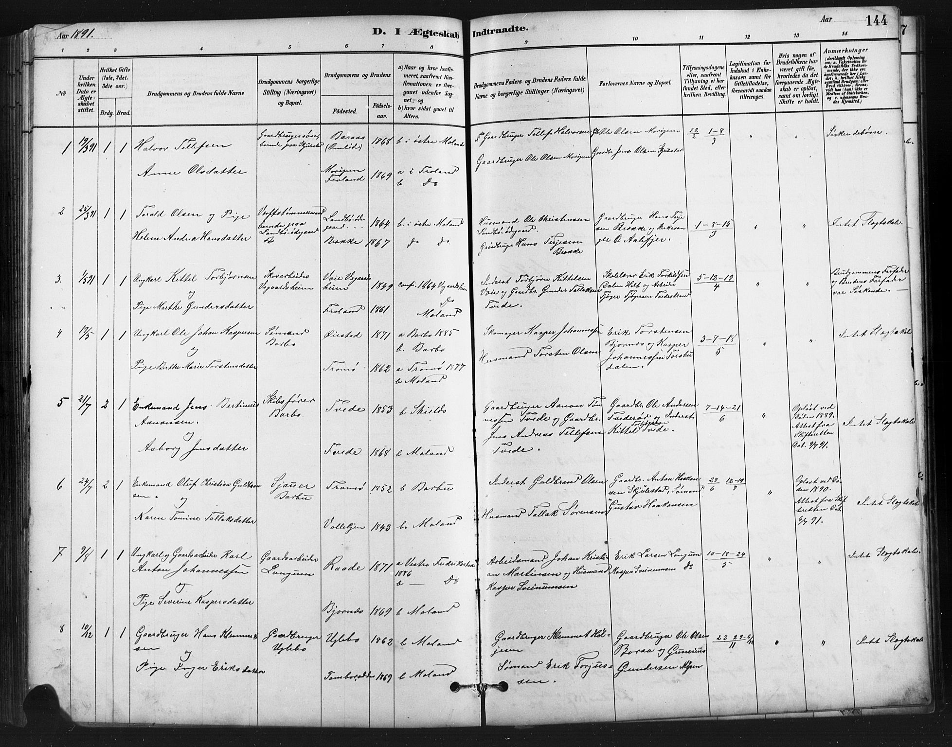 Austre Moland sokneprestkontor, AV/SAK-1111-0001/F/Fb/Fba/L0003: Parish register (copy) no. B 3, 1879-1914, p. 144