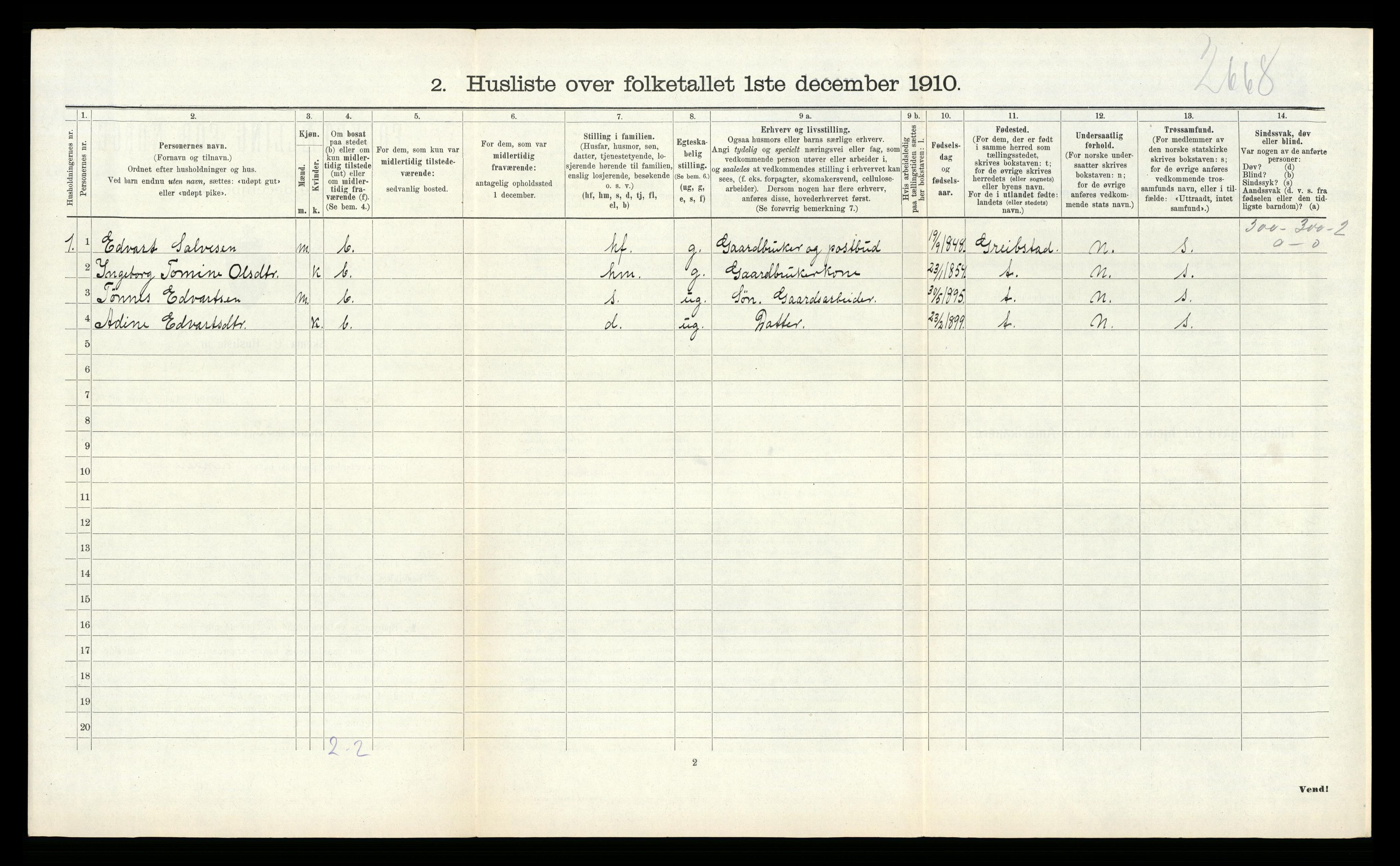 RA, 1910 census for Søgne, 1910, p. 1185