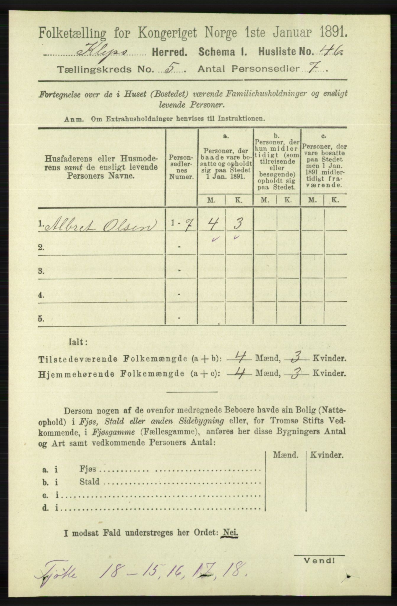 RA, 1891 census for 1120 Klepp, 1891, p. 1334