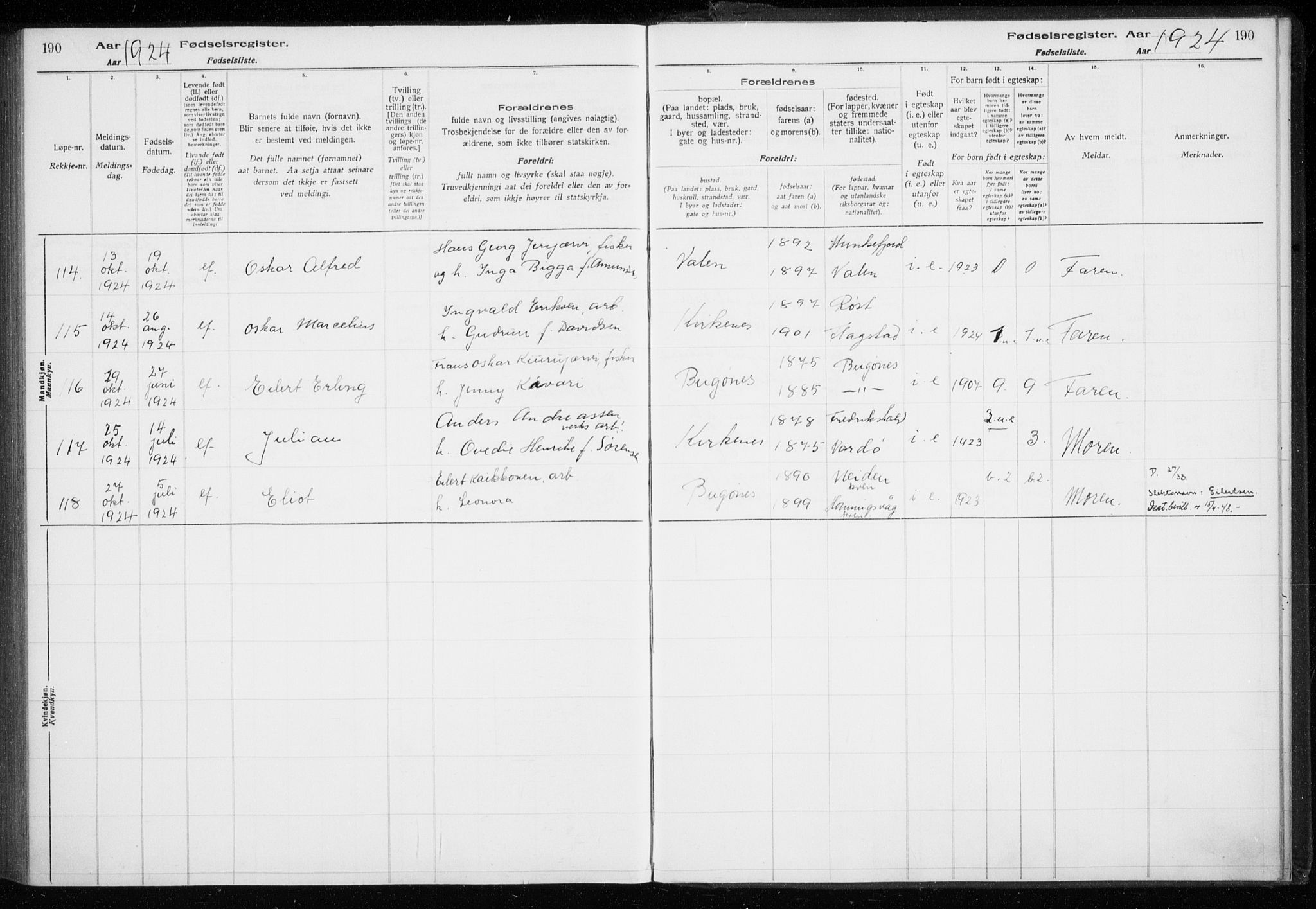 Sør-Varanger sokneprestkontor, AV/SATØ-S-1331/I/Ia/L0016: Birth register no. 16, 1915-1925, p. 190