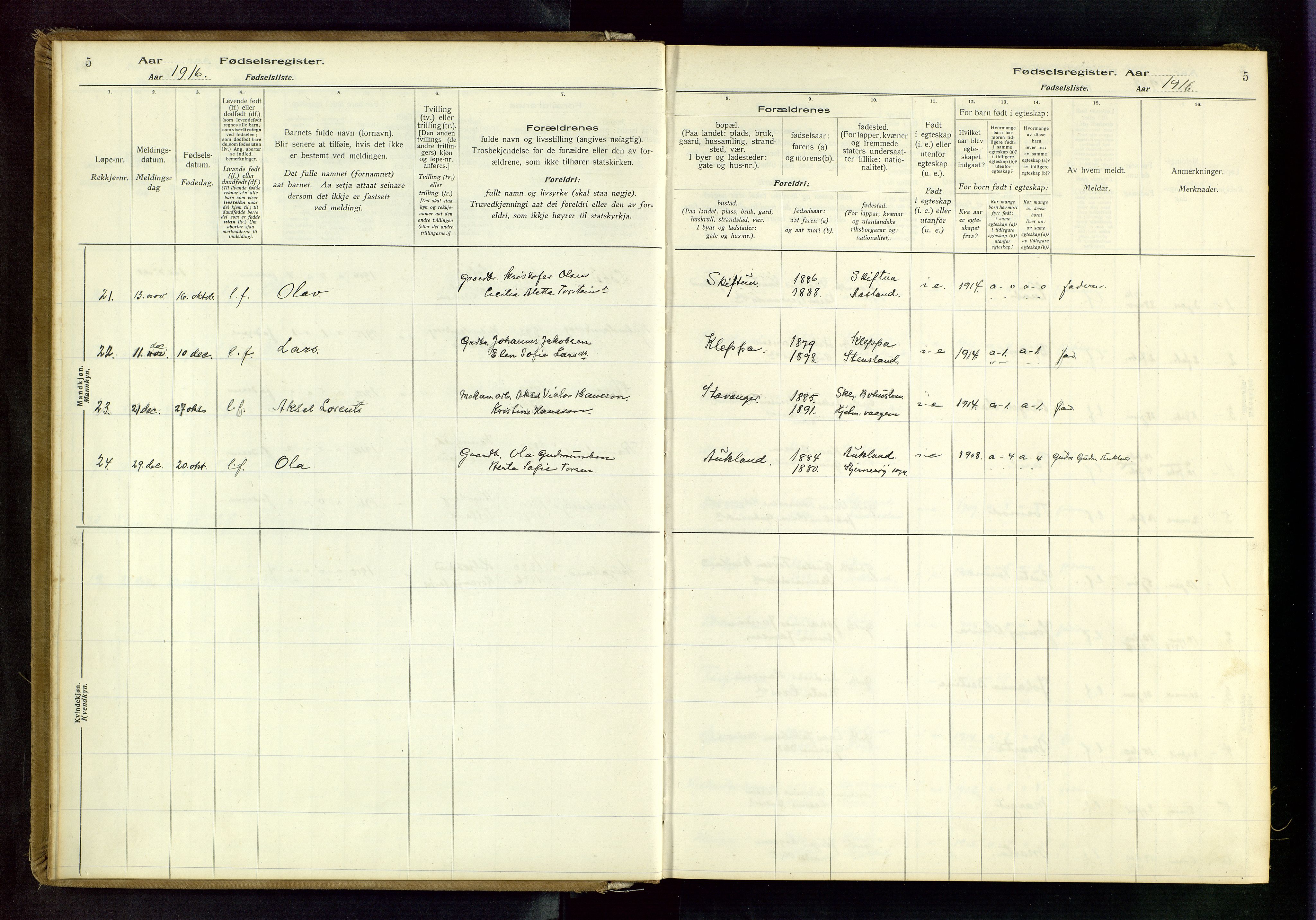 Hjelmeland sokneprestkontor, AV/SAST-A-101843/02/B/L0001: Birth register no. 1, 1916-1963, p. 5