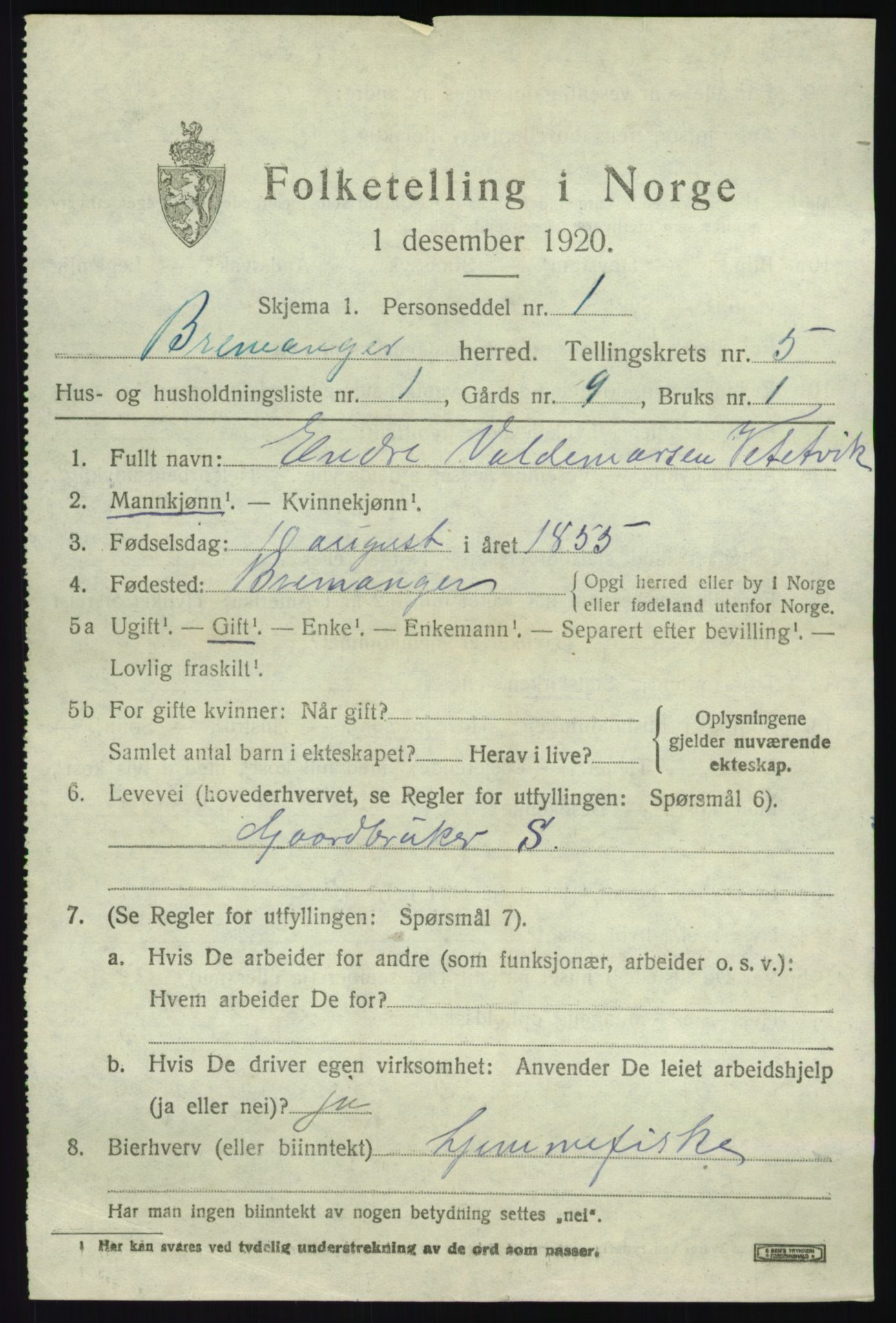 SAB, 1920 census for Bremanger, 1920, p. 3526