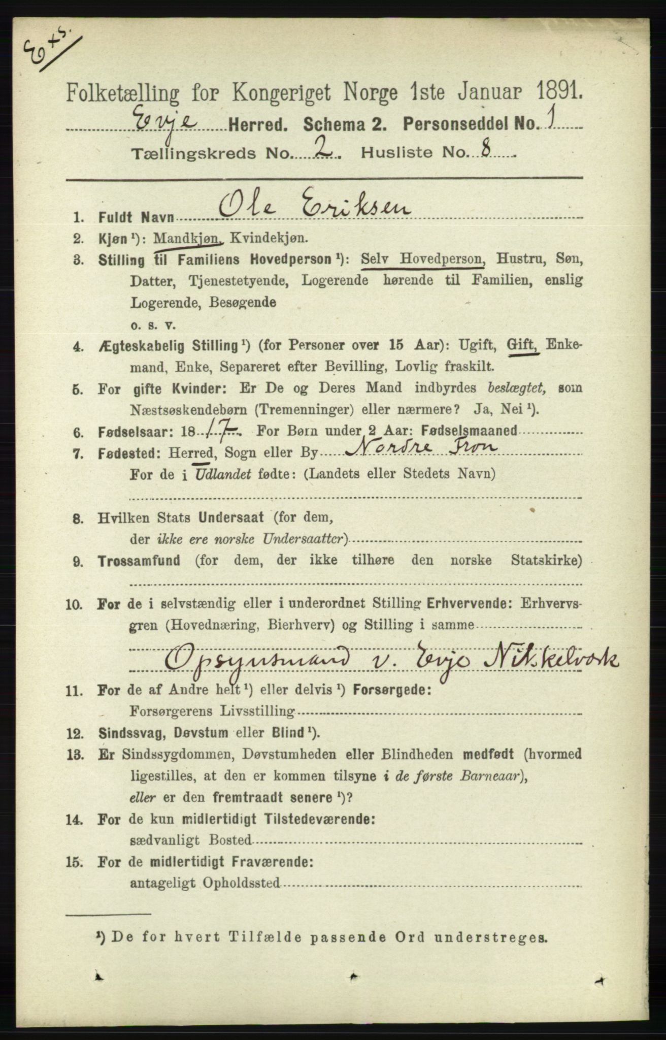 RA, Census 1891 for Nedenes amt: Gjenparter av personsedler for beslektede ektefeller, menn, 1891, p. 998