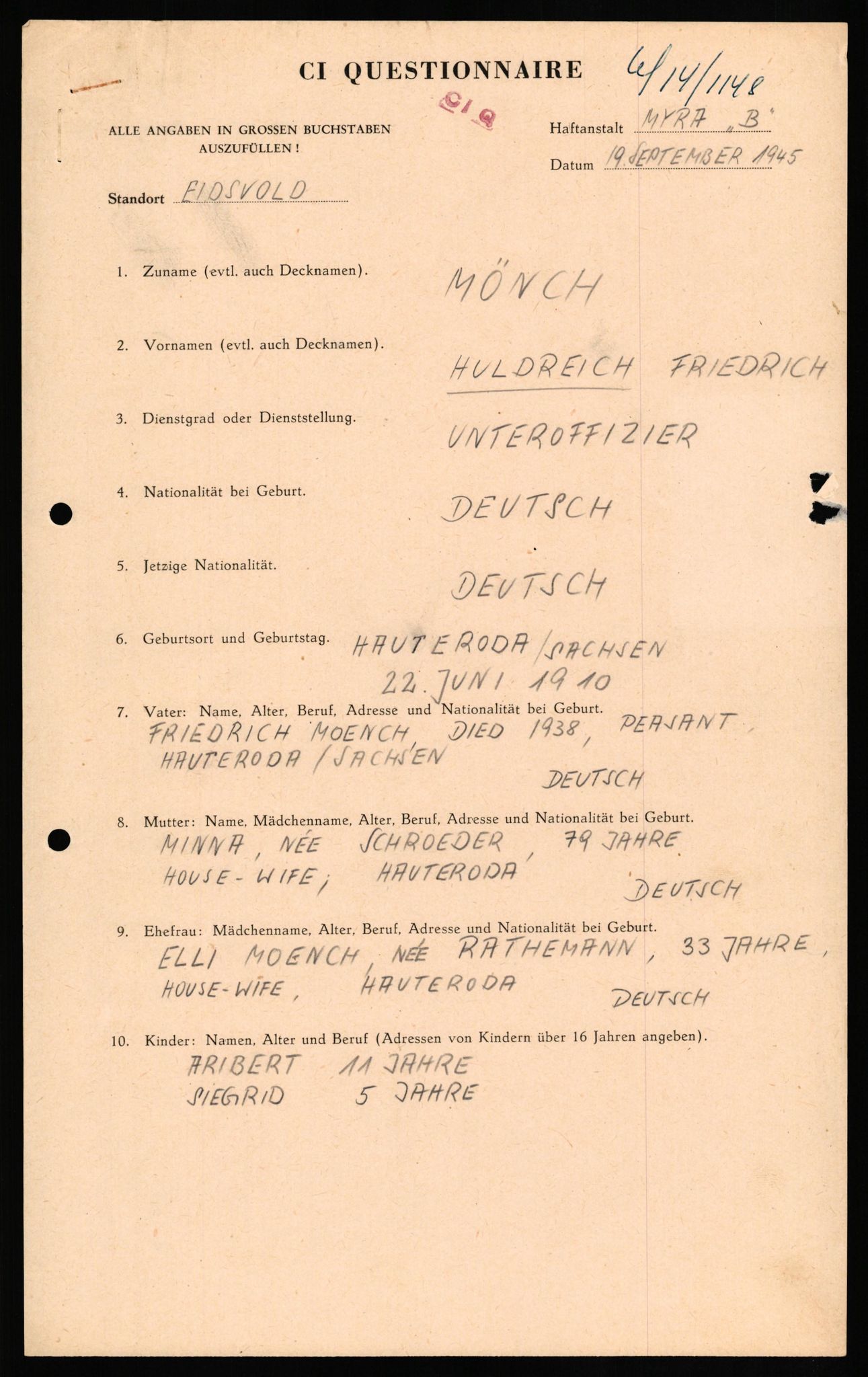 Forsvaret, Forsvarets overkommando II, AV/RA-RAFA-3915/D/Db/L0023: CI Questionaires. Tyske okkupasjonsstyrker i Norge. Tyskere., 1945-1946, p. 413