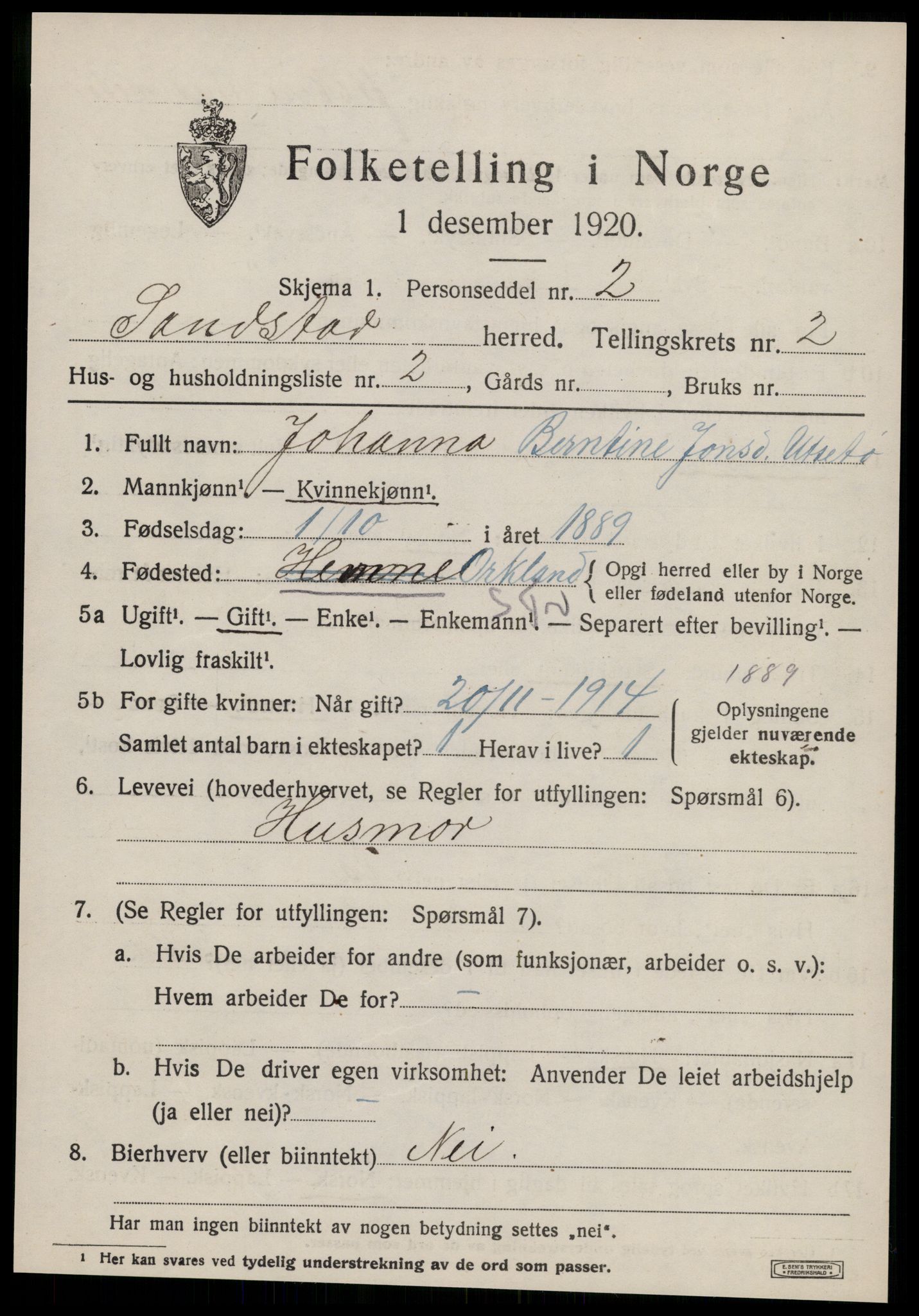 SAT, 1920 census for Sandstad, 1920, p. 659