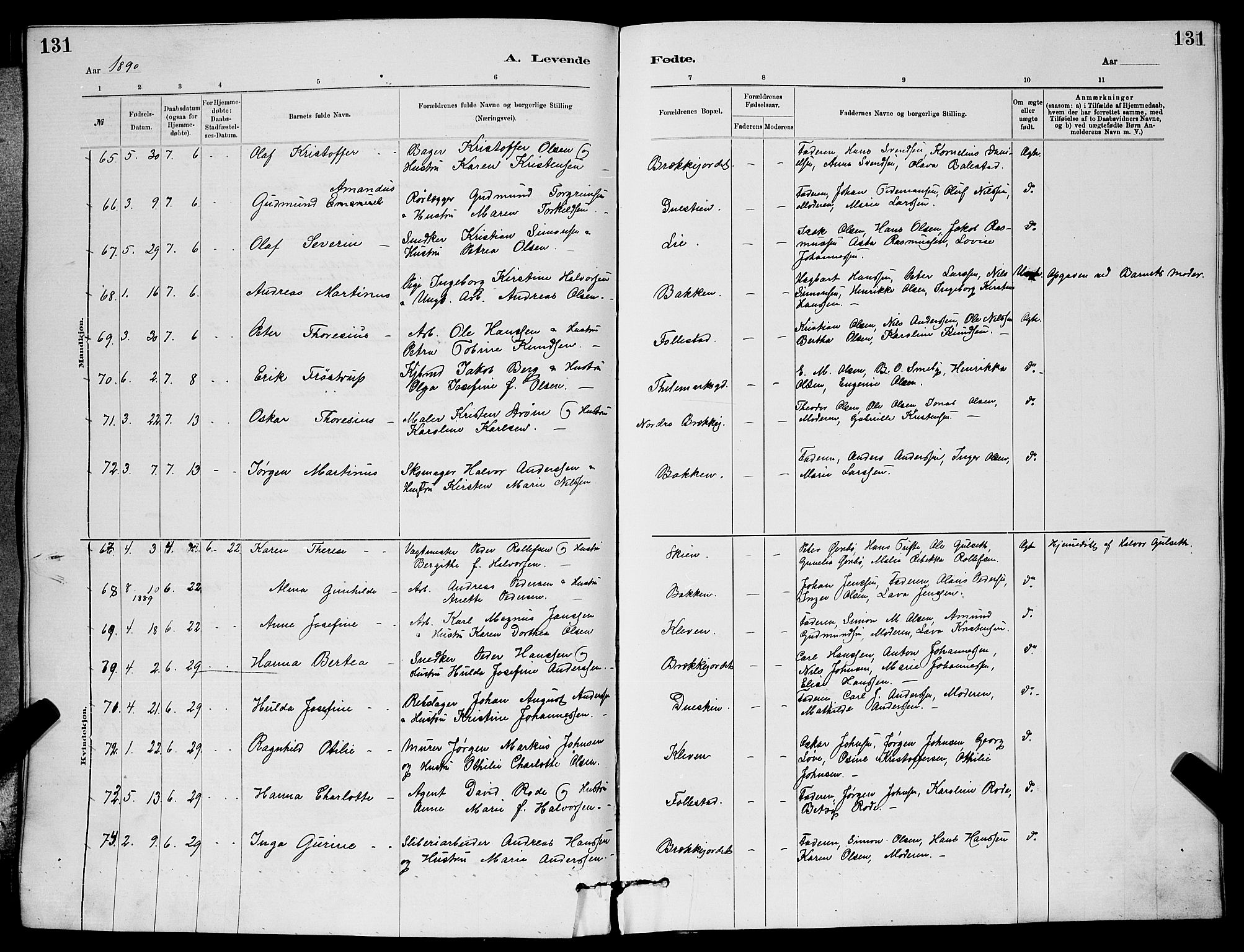 Skien kirkebøker, SAKO/A-302/G/Ga/L0006: Parish register (copy) no. 6, 1881-1890, p. 131