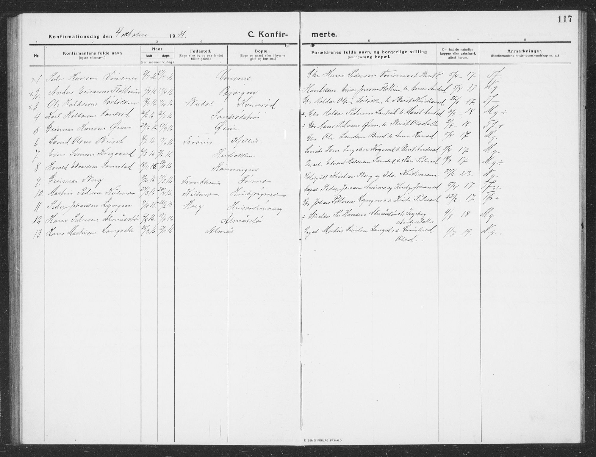 Ministerialprotokoller, klokkerbøker og fødselsregistre - Sør-Trøndelag, SAT/A-1456/688/L1030: Parish register (copy) no. 688C05, 1916-1939, p. 117