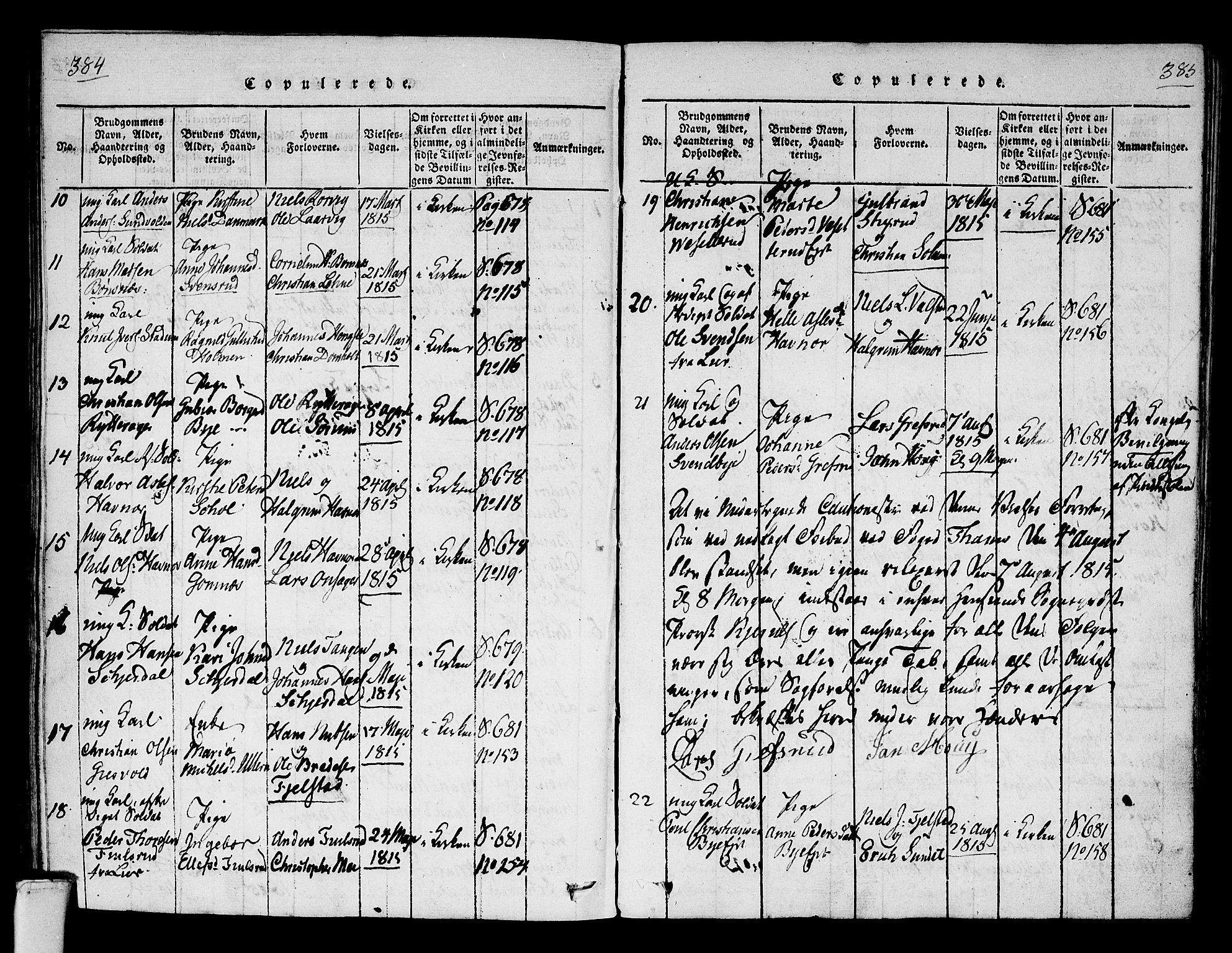 Hole kirkebøker, AV/SAKO-A-228/F/Fa/L0004: Parish register (official) no. I 4, 1814-1833, p. 384-385