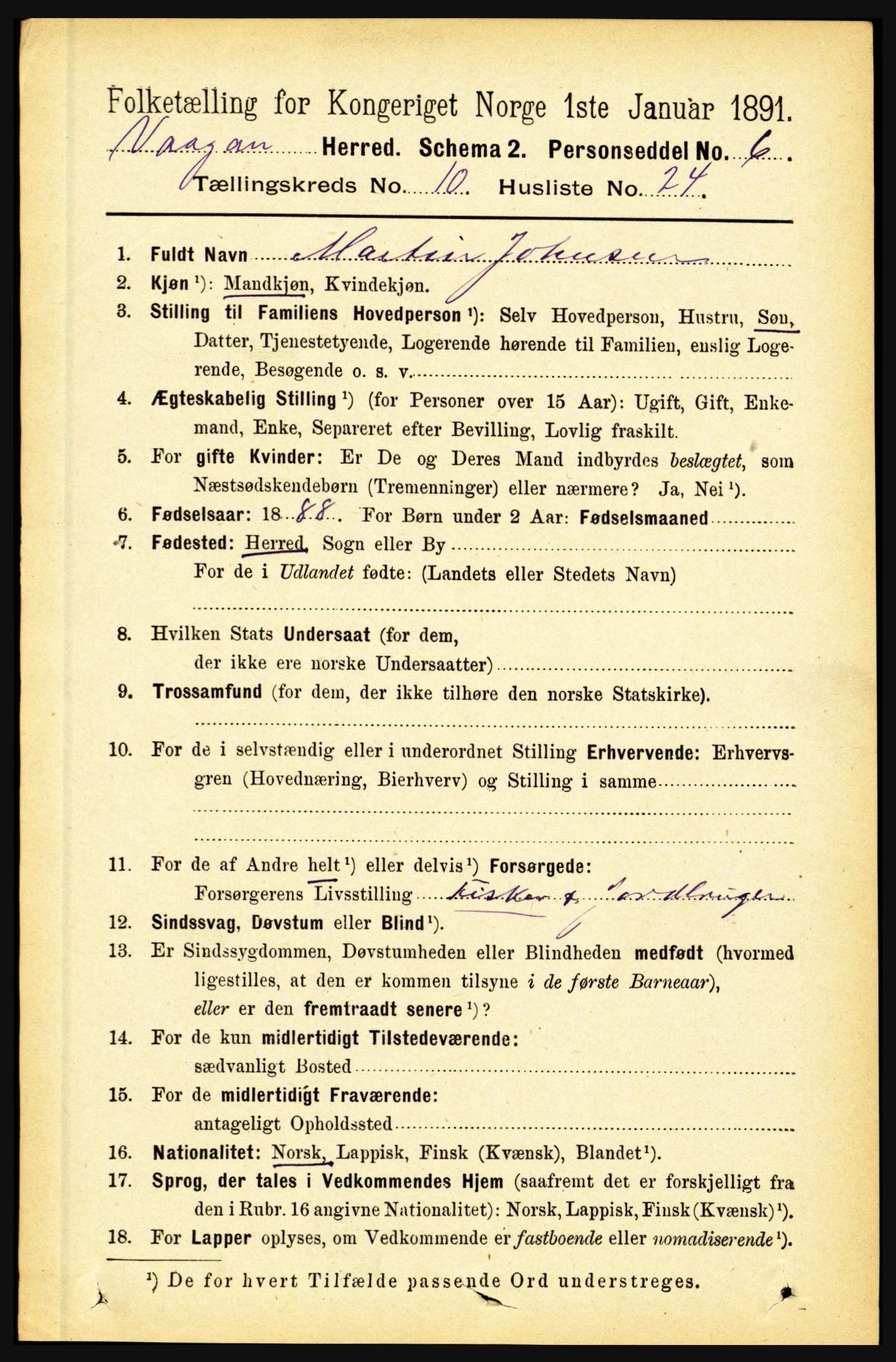 RA, 1891 census for 1865 Vågan, 1891, p. 2701