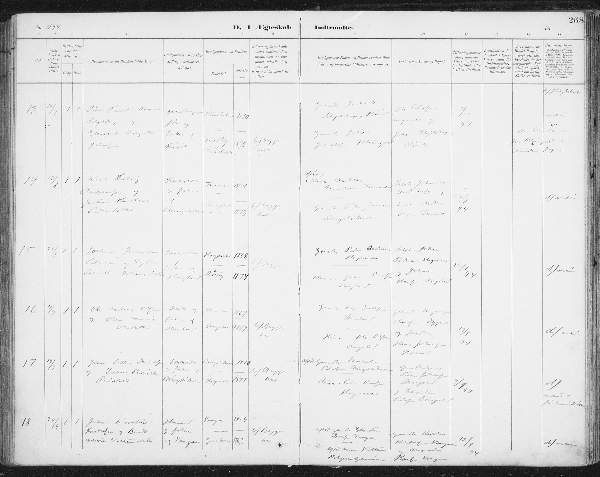 Ministerialprotokoller, klokkerbøker og fødselsregistre - Nordland, AV/SAT-A-1459/852/L0741: Parish register (official) no. 852A11, 1894-1917, p. 268