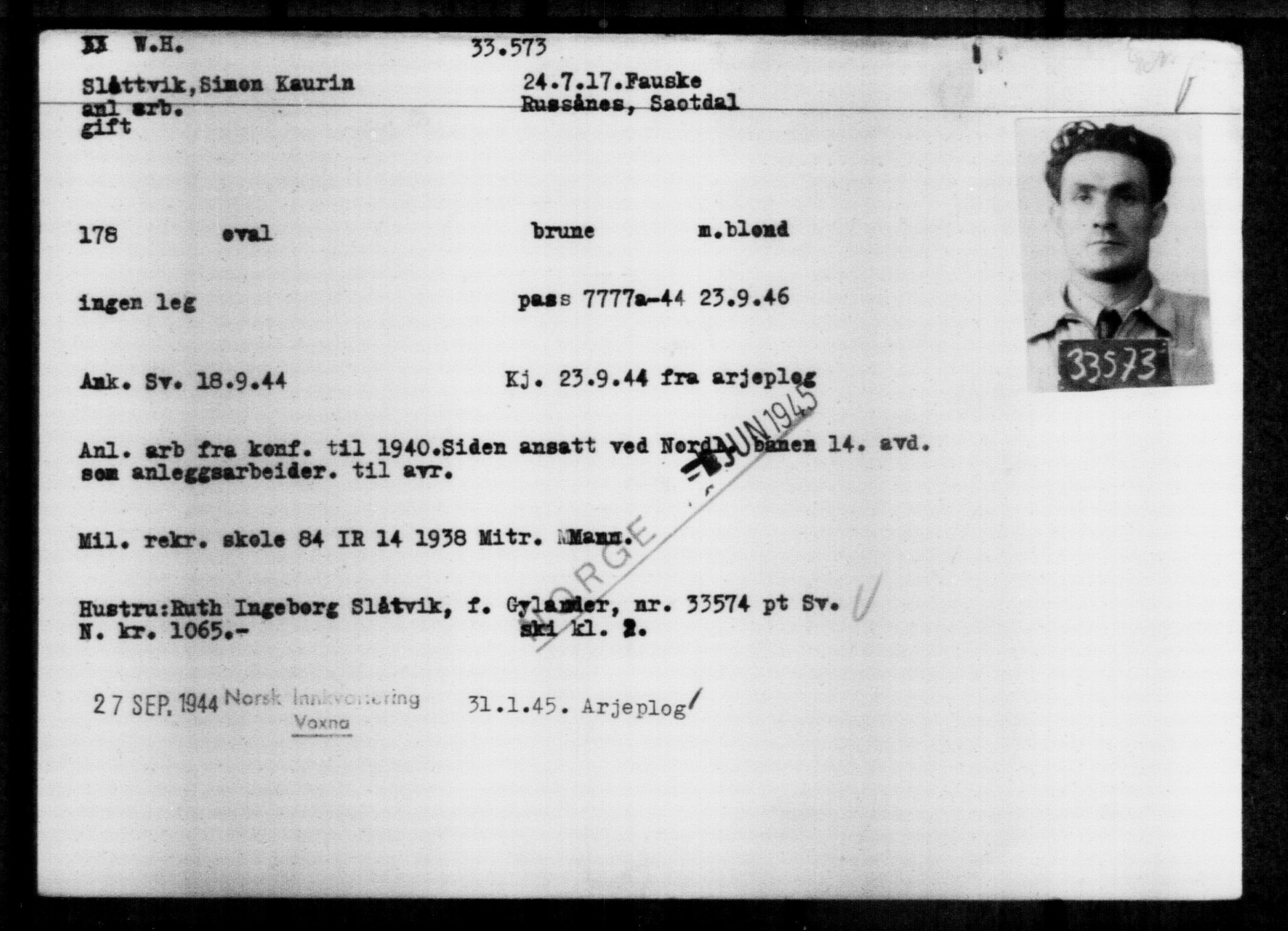 Utenriksstasjonene, Legasjonen i Stockholm, Flyktningkontoret, AV/RA-S-6753/V/Va/L0013: Kjesäterkartoteket, flyktninger med registreringsnr. 31500-34731, 1940-1945, p. 2189