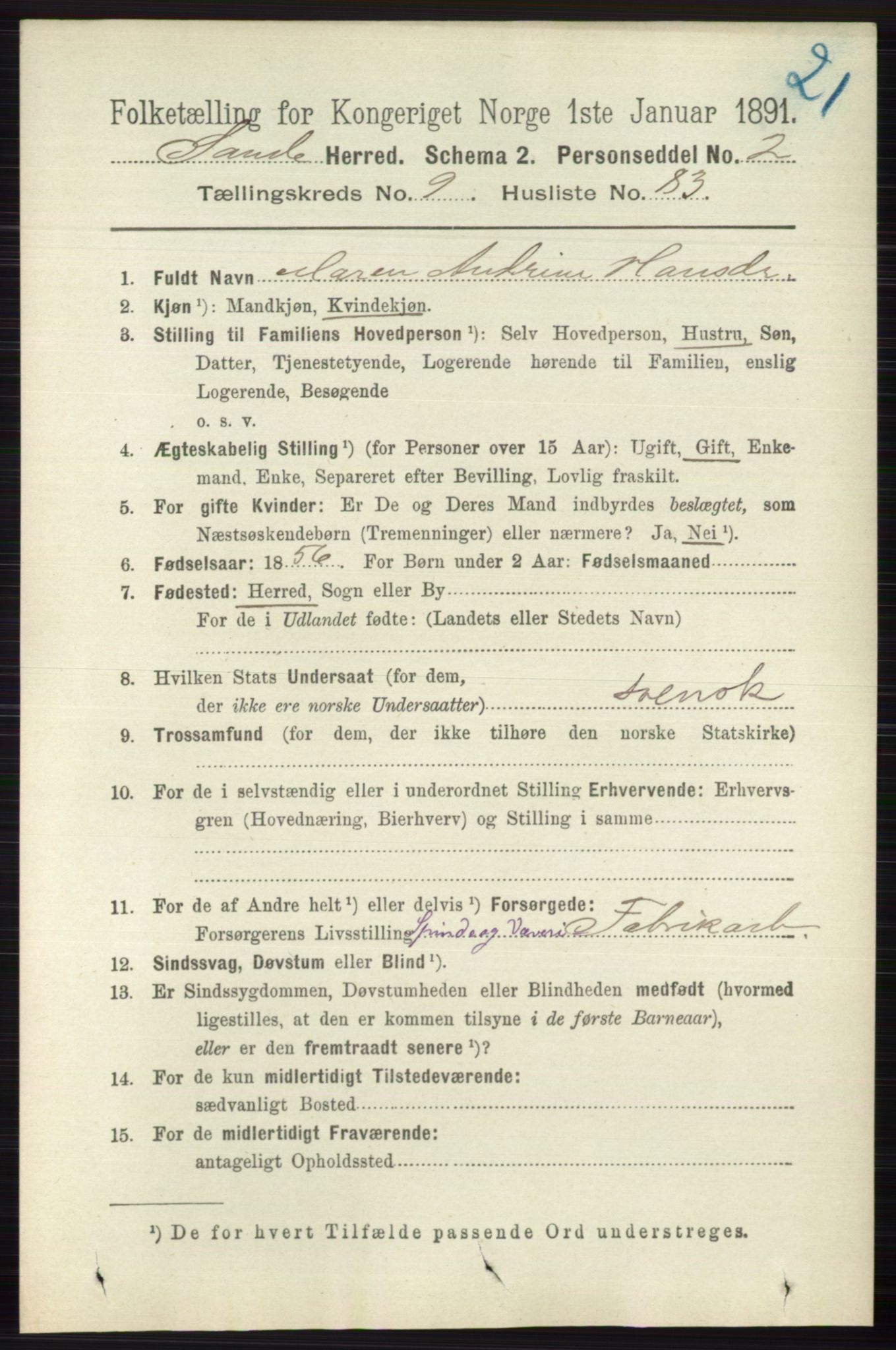 RA, 1891 census for 0713 Sande, 1891, p. 4471