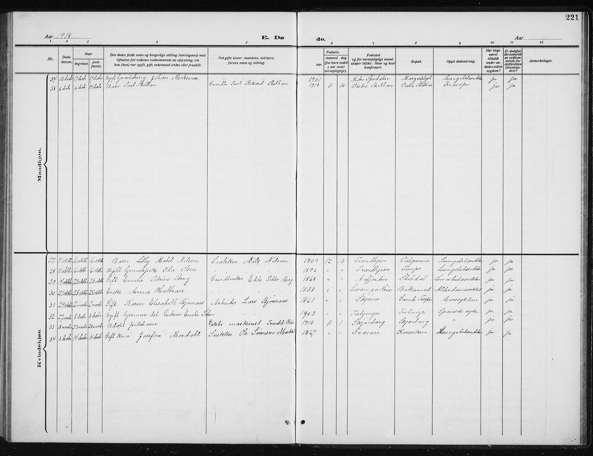 Ministerialprotokoller, klokkerbøker og fødselsregistre - Sør-Trøndelag, SAT/A-1456/606/L0314: Parish register (copy) no. 606C10, 1911-1937, p. 221
