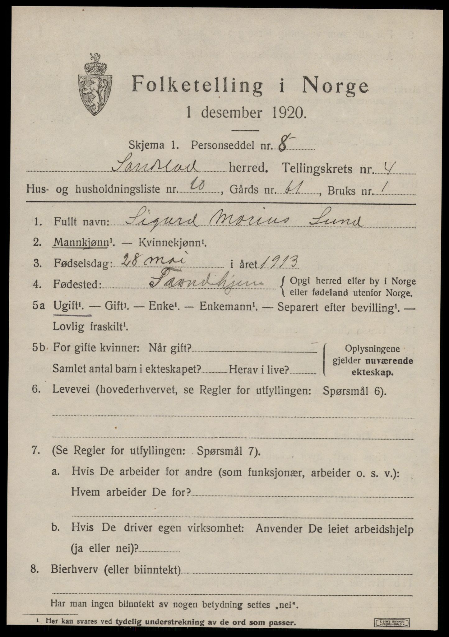 SAT, 1920 census for Sandstad, 1920, p. 2081