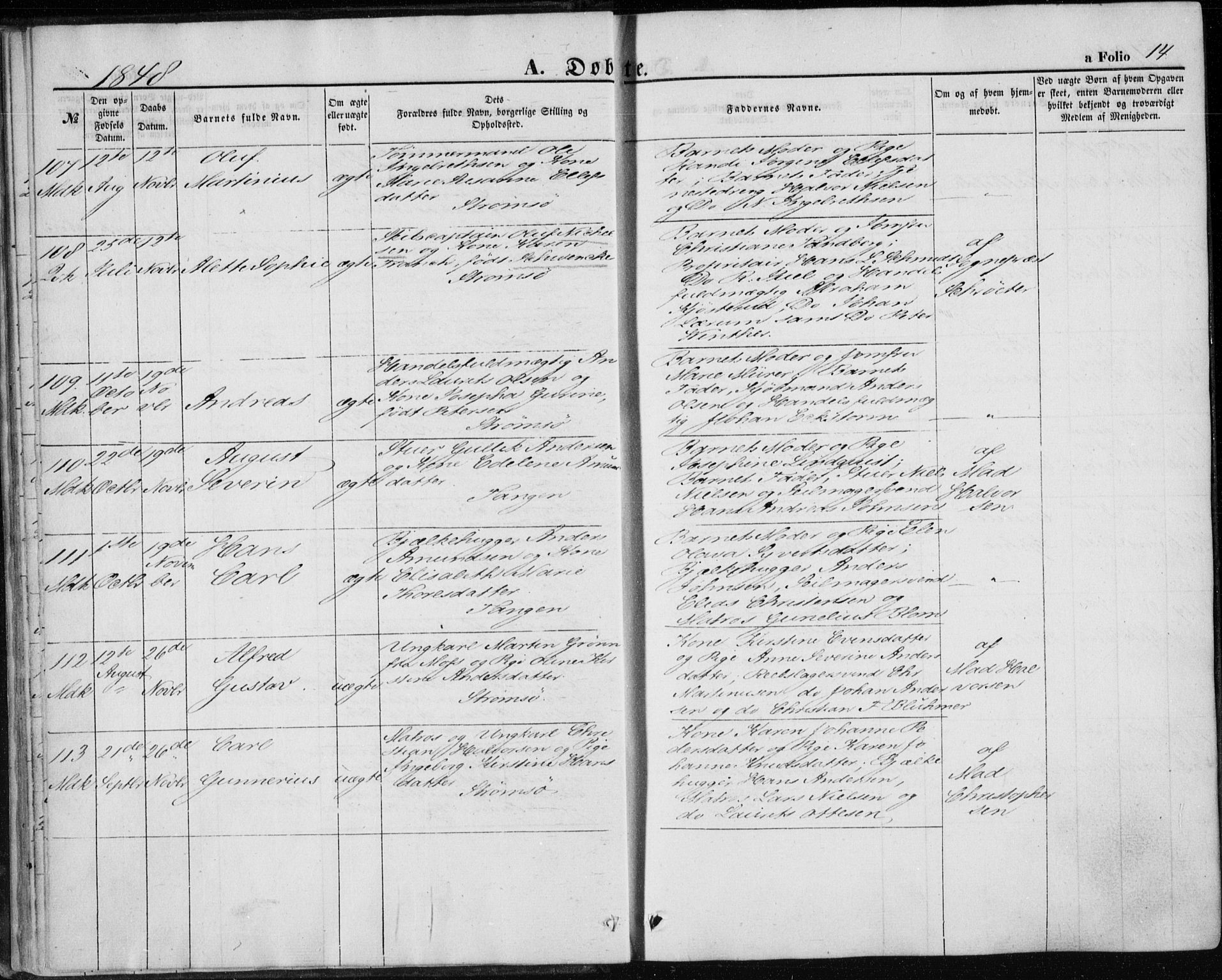 Strømsø kirkebøker, AV/SAKO-A-246/F/Fa/L0014: Parish register (official) no. I 14, 1848-1858, p. 14