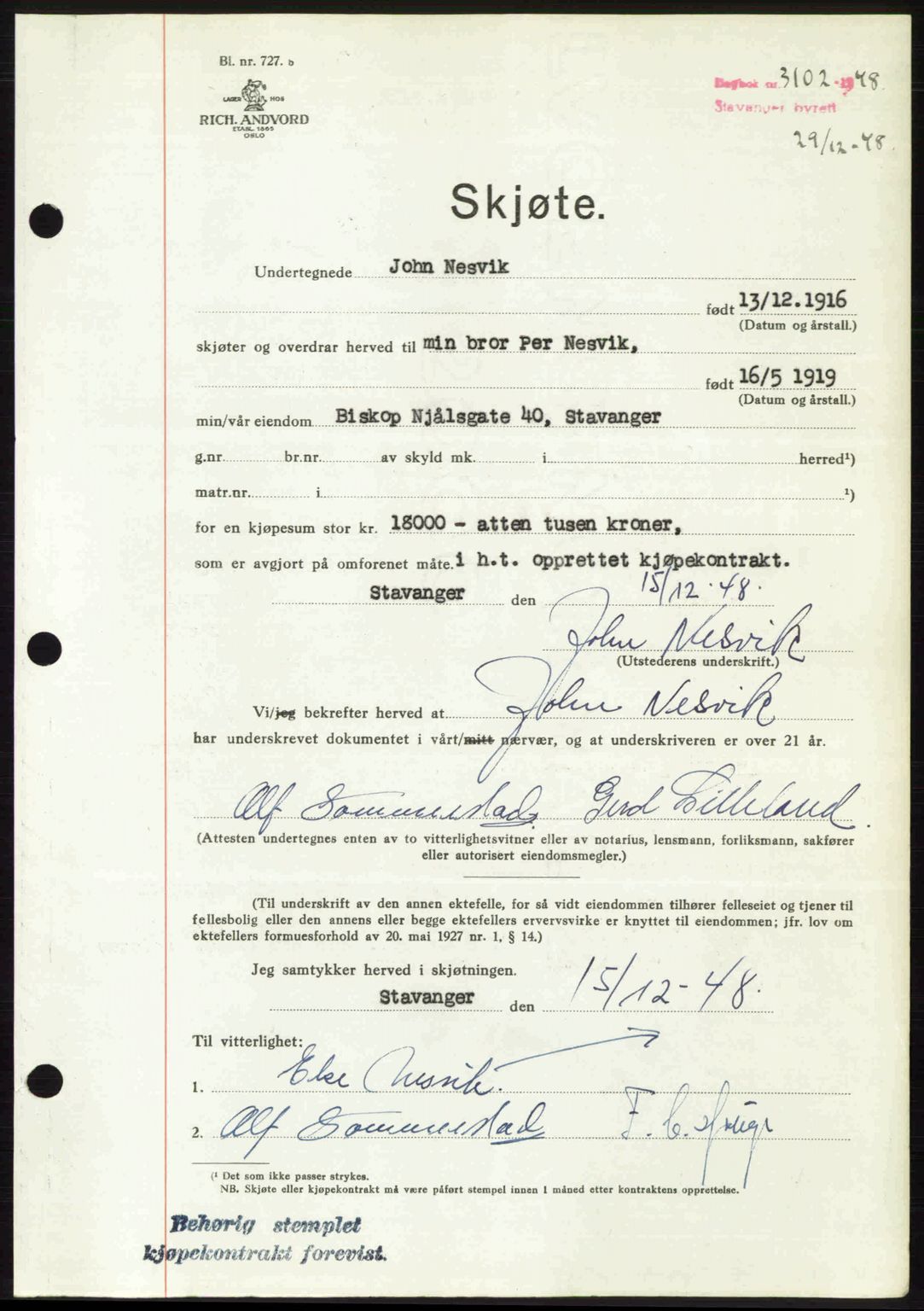 Stavanger byrett, SAST/A-100455/002/G/Gb/L0023: Mortgage book no. A12, 1948-1949, Diary no: : 3102/1948