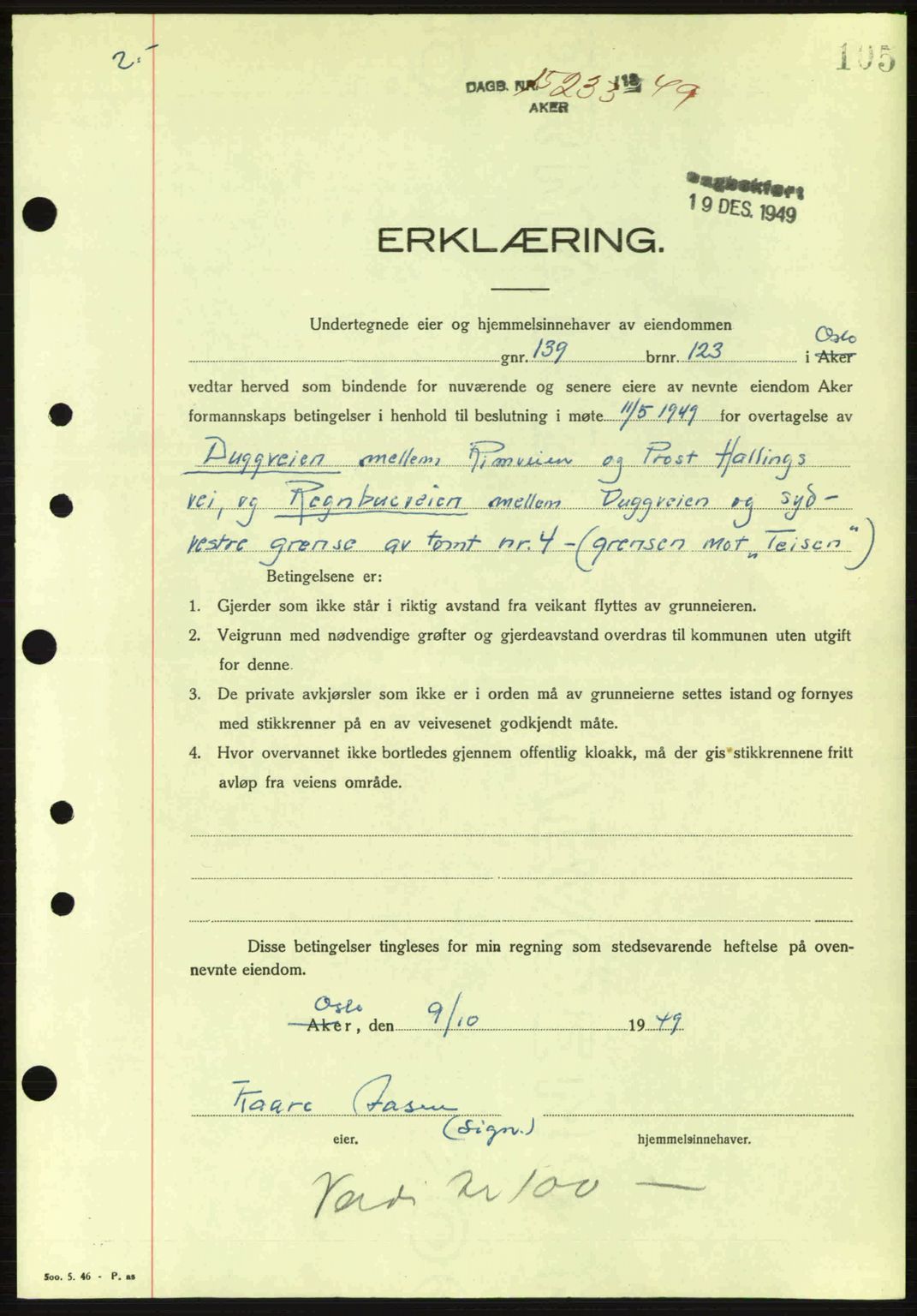 Oslo byskriverembete, AV/SAO-A-10227/G/Gb/Gbd/Gbda/L0017: Mortgage book no. A215, 1949-1950, Diary no: : 15233/1949