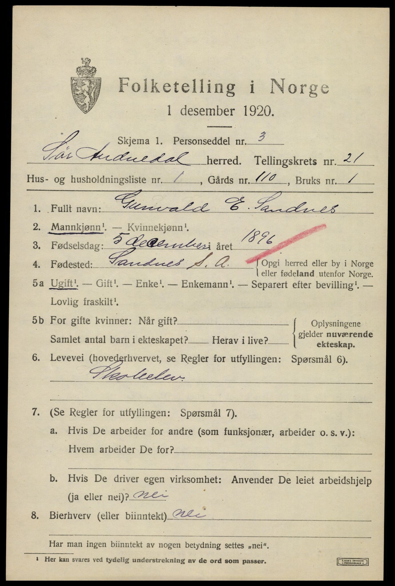 SAK, 1920 census for Sør-Audnedal, 1920, p. 6931