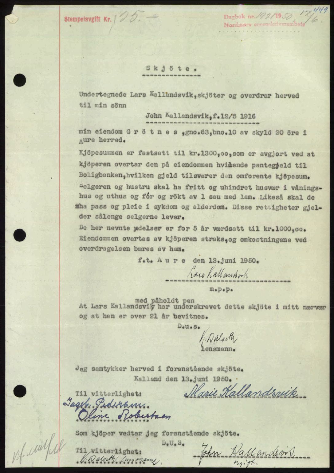 Nordmøre sorenskriveri, AV/SAT-A-4132/1/2/2Ca: Mortgage book no. A115, 1950-1950, Diary no: : 1921/1950