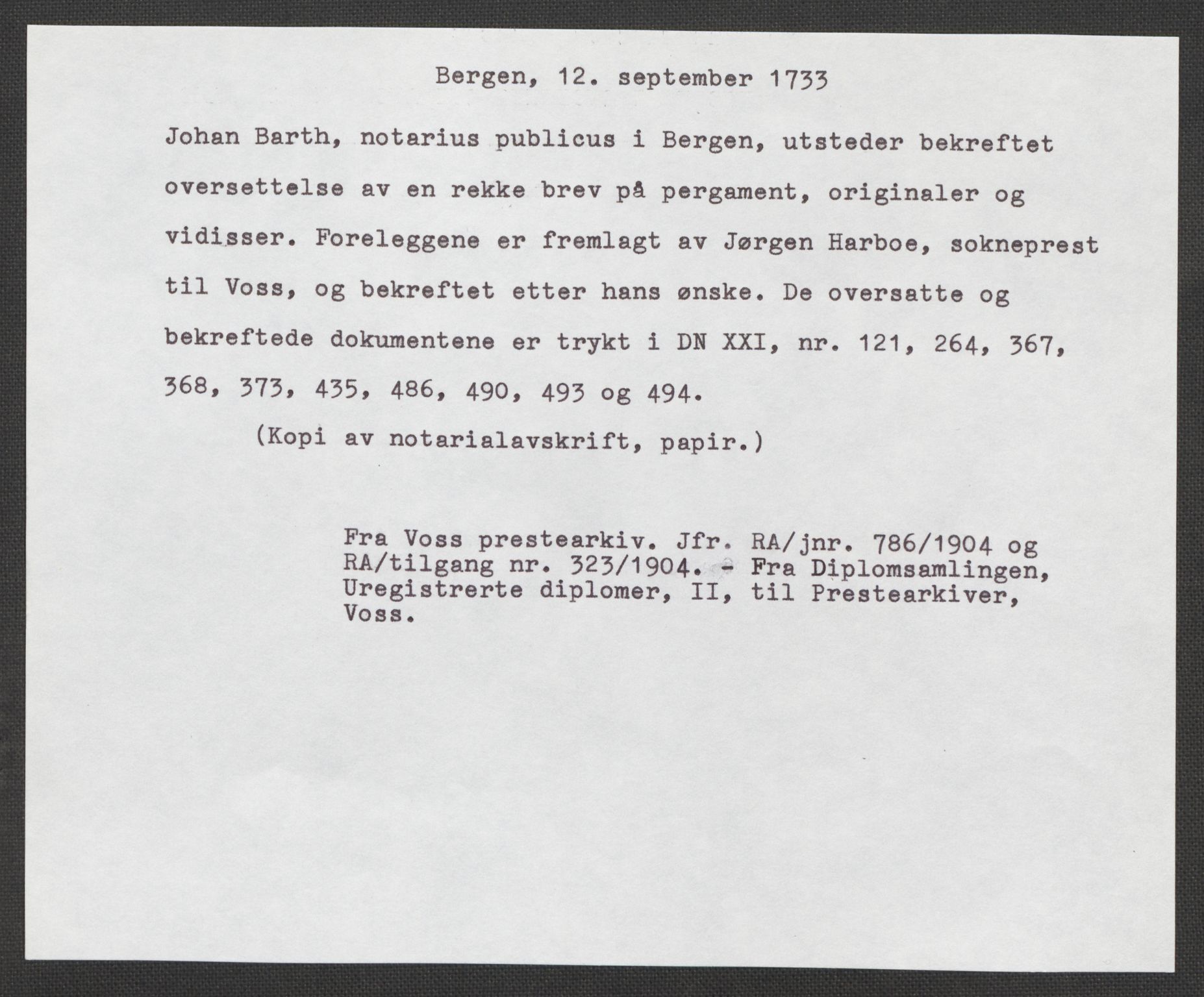 Riksarkivets diplomsamling, RA/EA-5965/F15/L0037: Prestearkiv - Hordaland, 1577-1733, p. 135