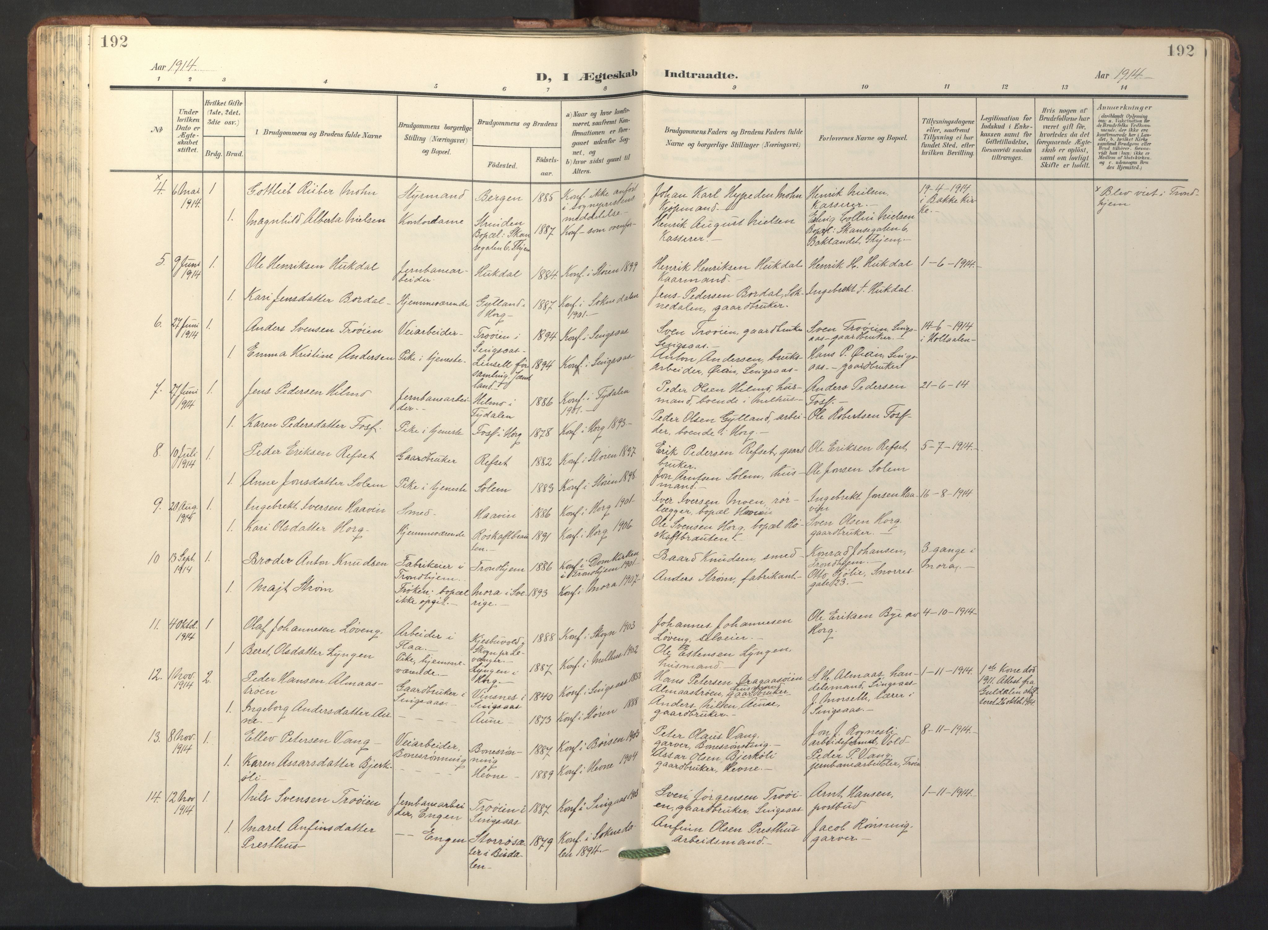 Ministerialprotokoller, klokkerbøker og fødselsregistre - Sør-Trøndelag, SAT/A-1456/687/L1019: Parish register (copy) no. 687C03, 1904-1931, p. 192