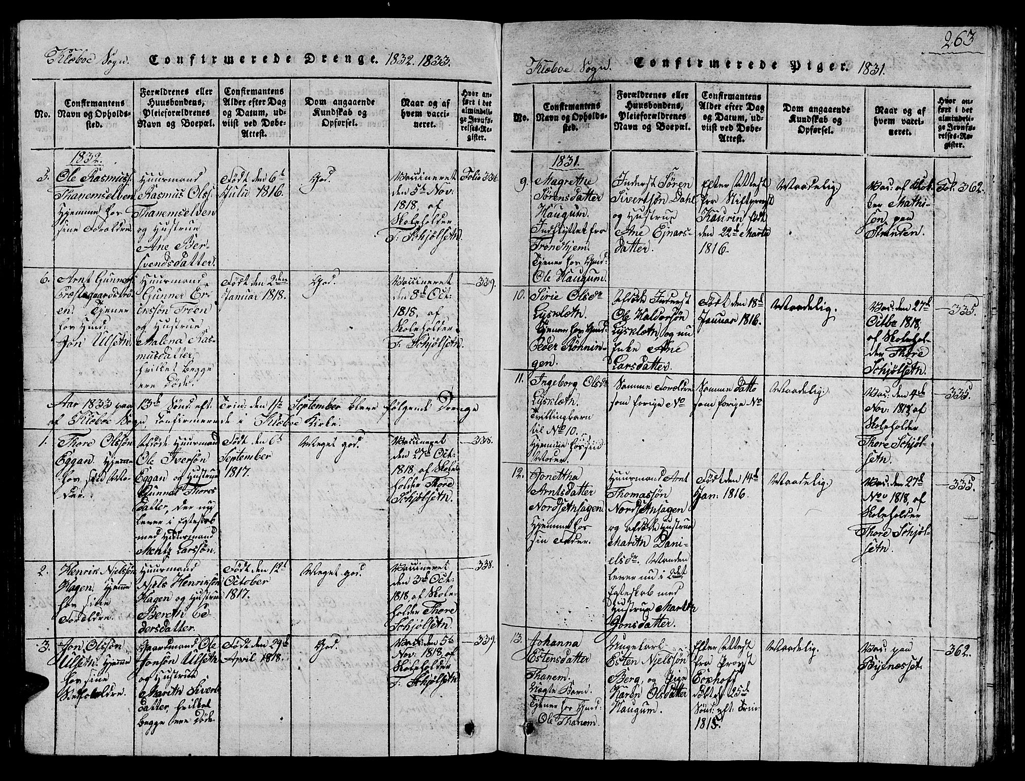 Ministerialprotokoller, klokkerbøker og fødselsregistre - Sør-Trøndelag, SAT/A-1456/618/L0450: Parish register (copy) no. 618C01, 1816-1865, p. 263