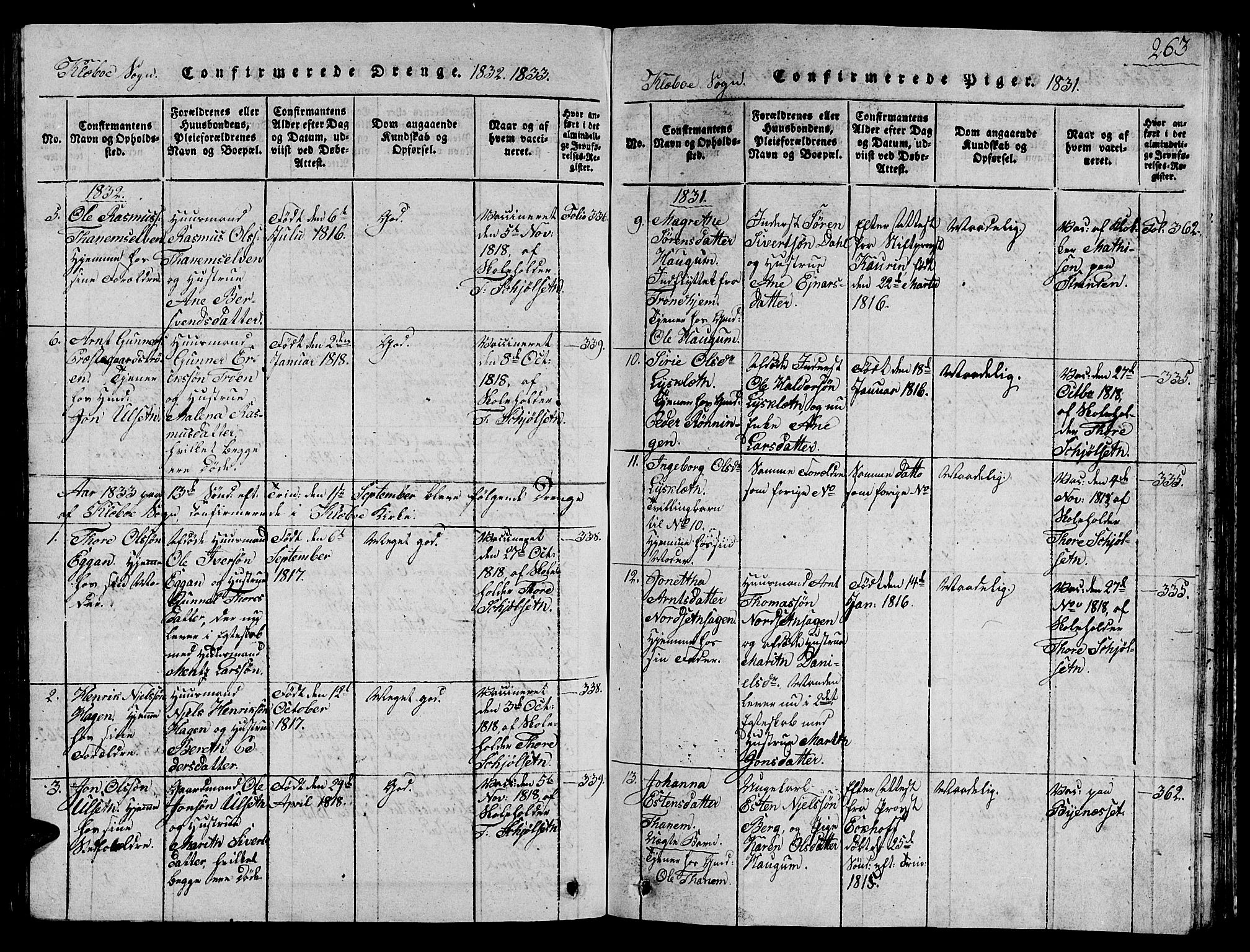 Ministerialprotokoller, klokkerbøker og fødselsregistre - Sør-Trøndelag, AV/SAT-A-1456/618/L0450: Parish register (copy) no. 618C01, 1816-1865, p. 263