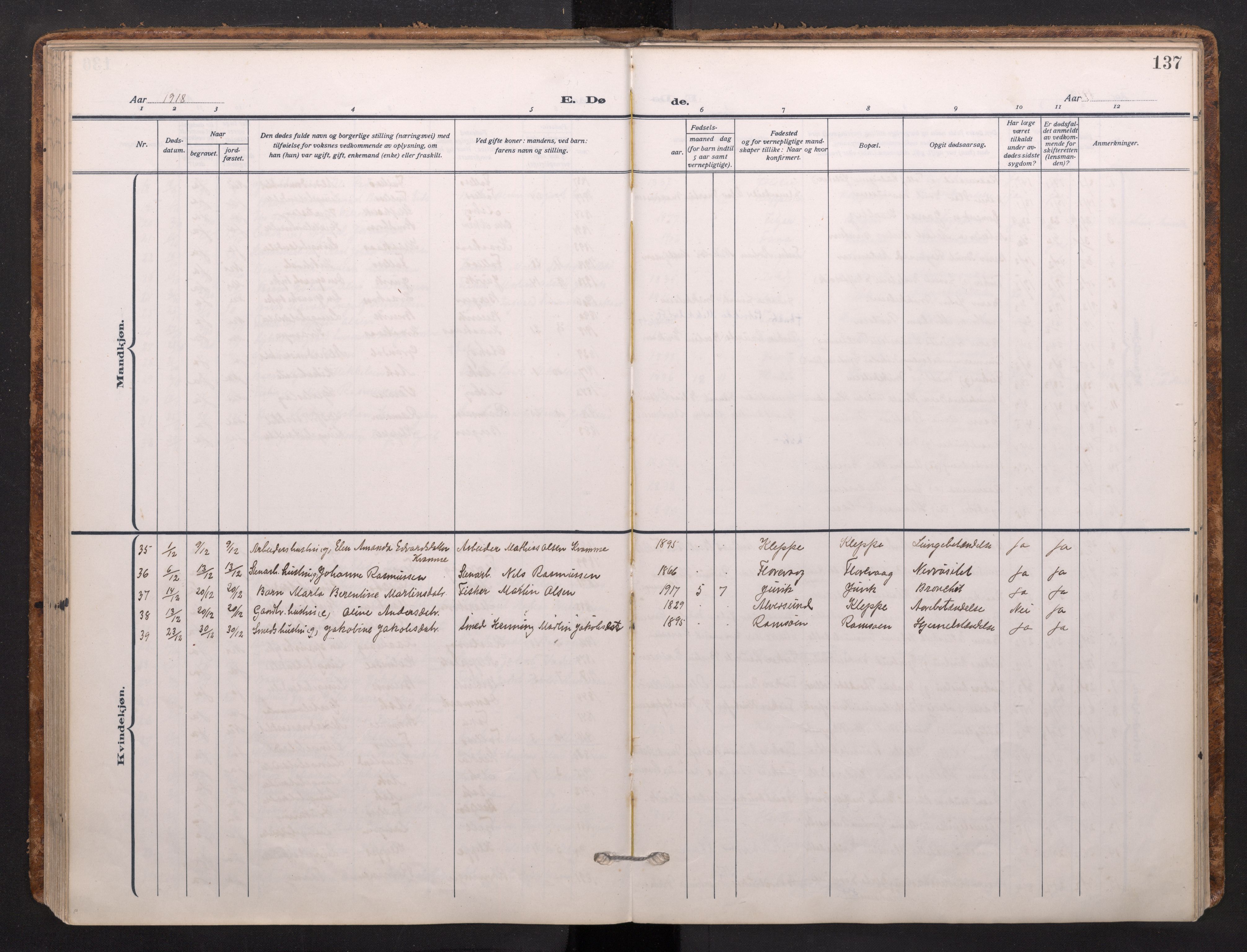 Askøy Sokneprestembete, AV/SAB-A-74101/H/Ha/Haa/Haad/L0002: Parish register (official) no. D 2, 1915-1935, p. 137