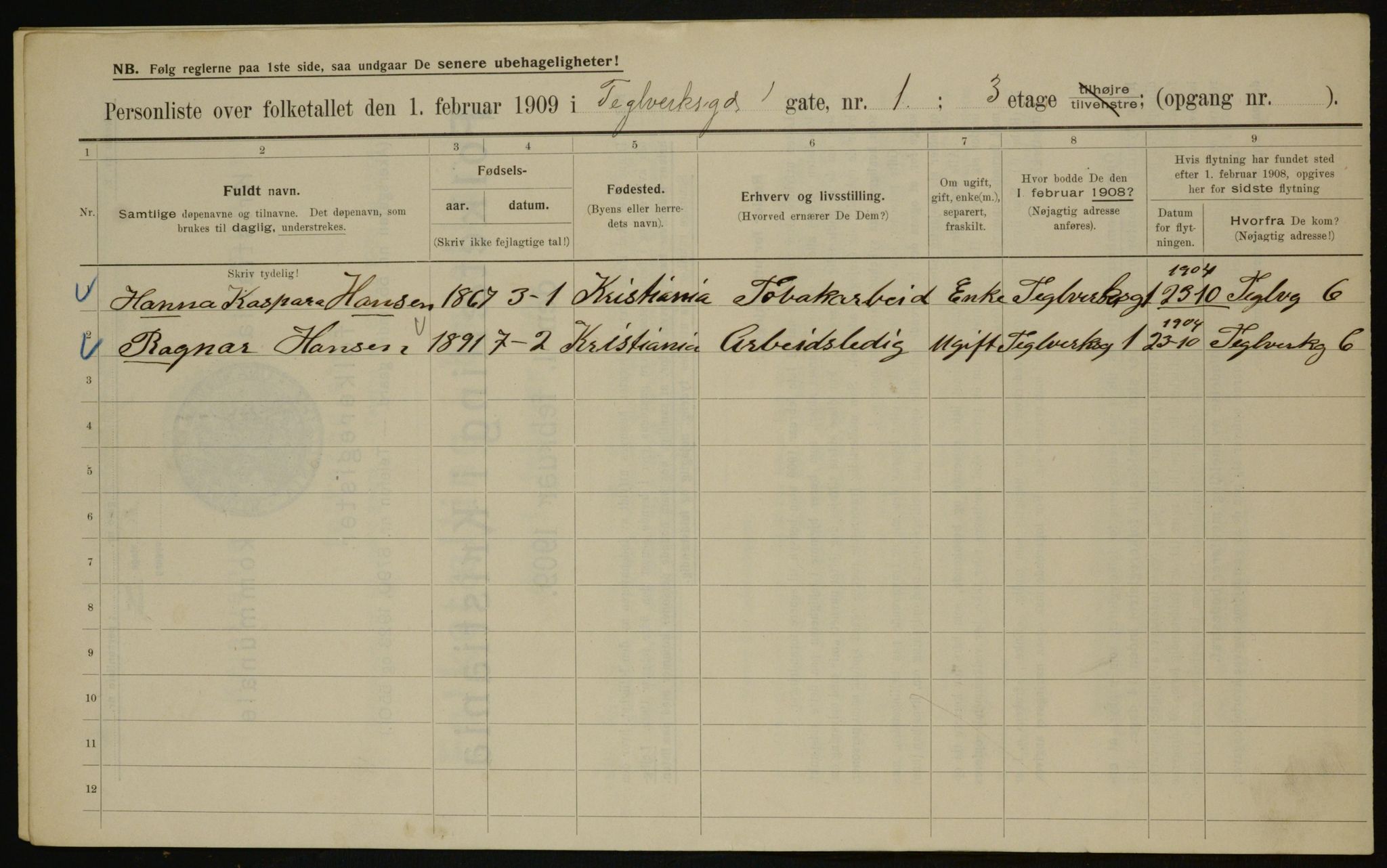 OBA, Municipal Census 1909 for Kristiania, 1909, p. 97267