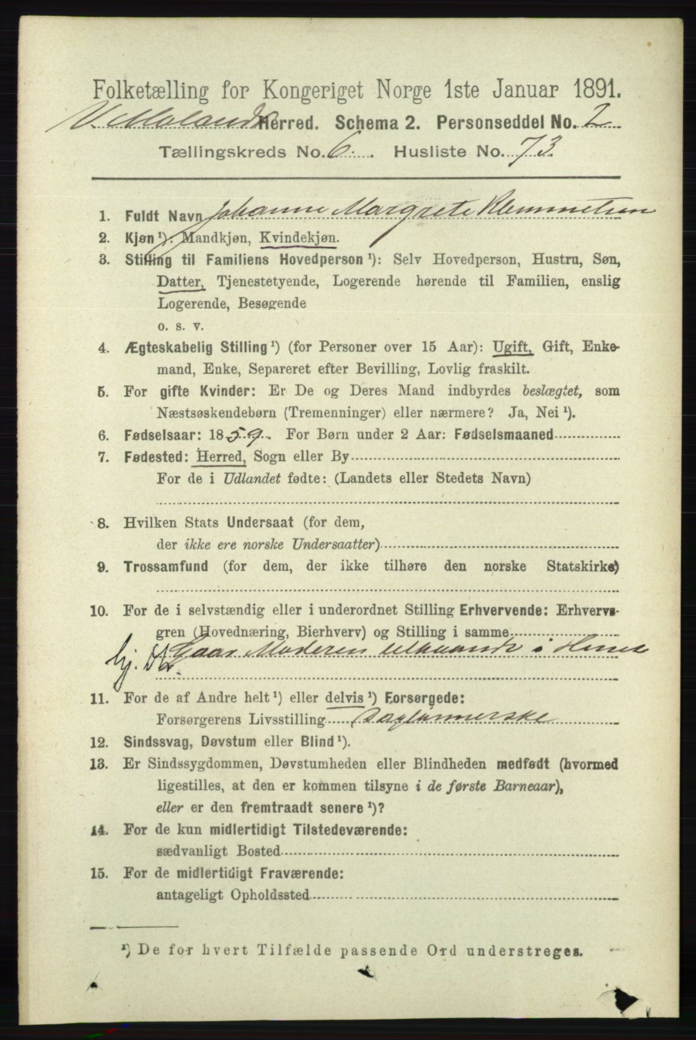 RA, 1891 census for 0926 Vestre Moland, 1891, p. 2756